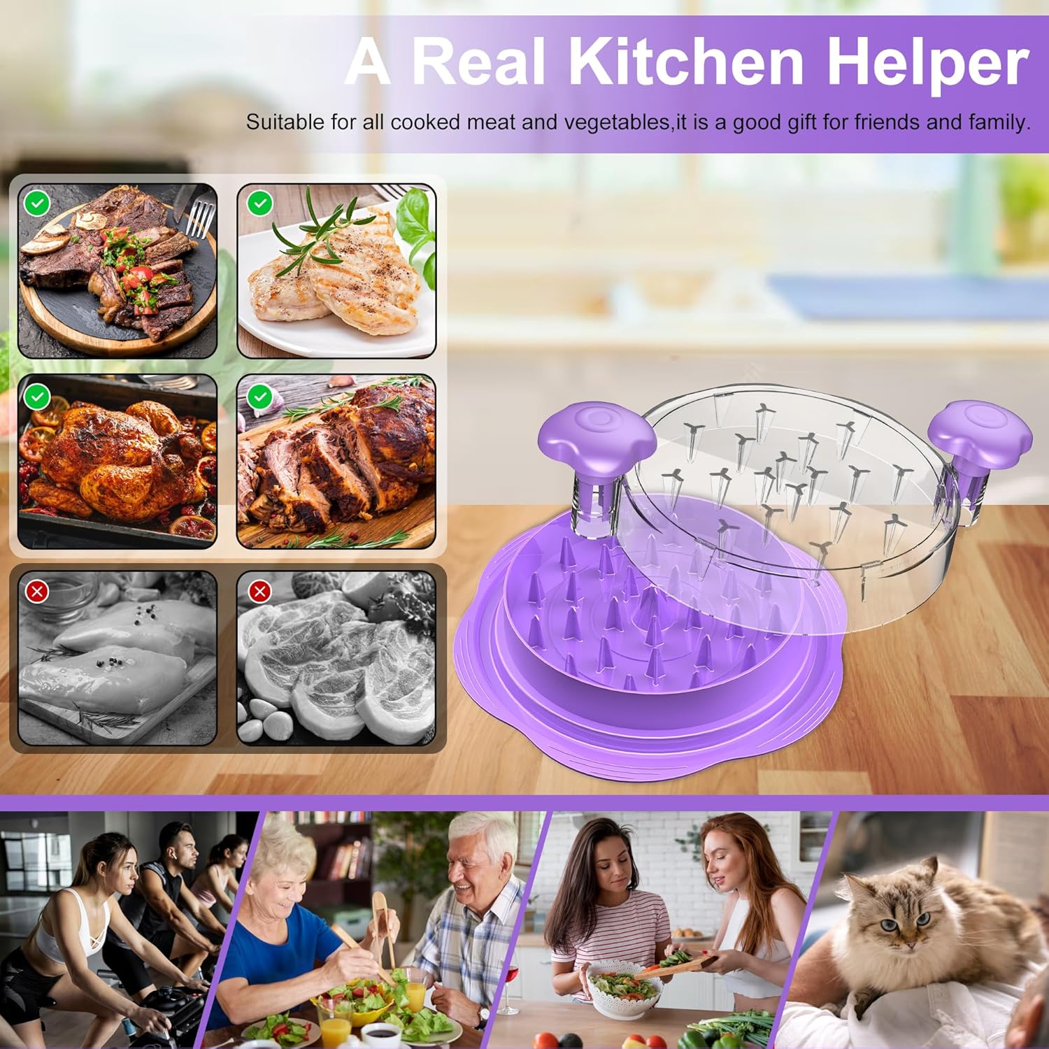 SURETIVIAN Chicken Shredder Large Chicken Breast Shredder Tool Twist with Brush&Fork, Visible Meat Shredder Machine, Anti-Slip Strip, Ergonomic Handle, BPA Free, Suitable for Pork Beef Chicken(Purple)