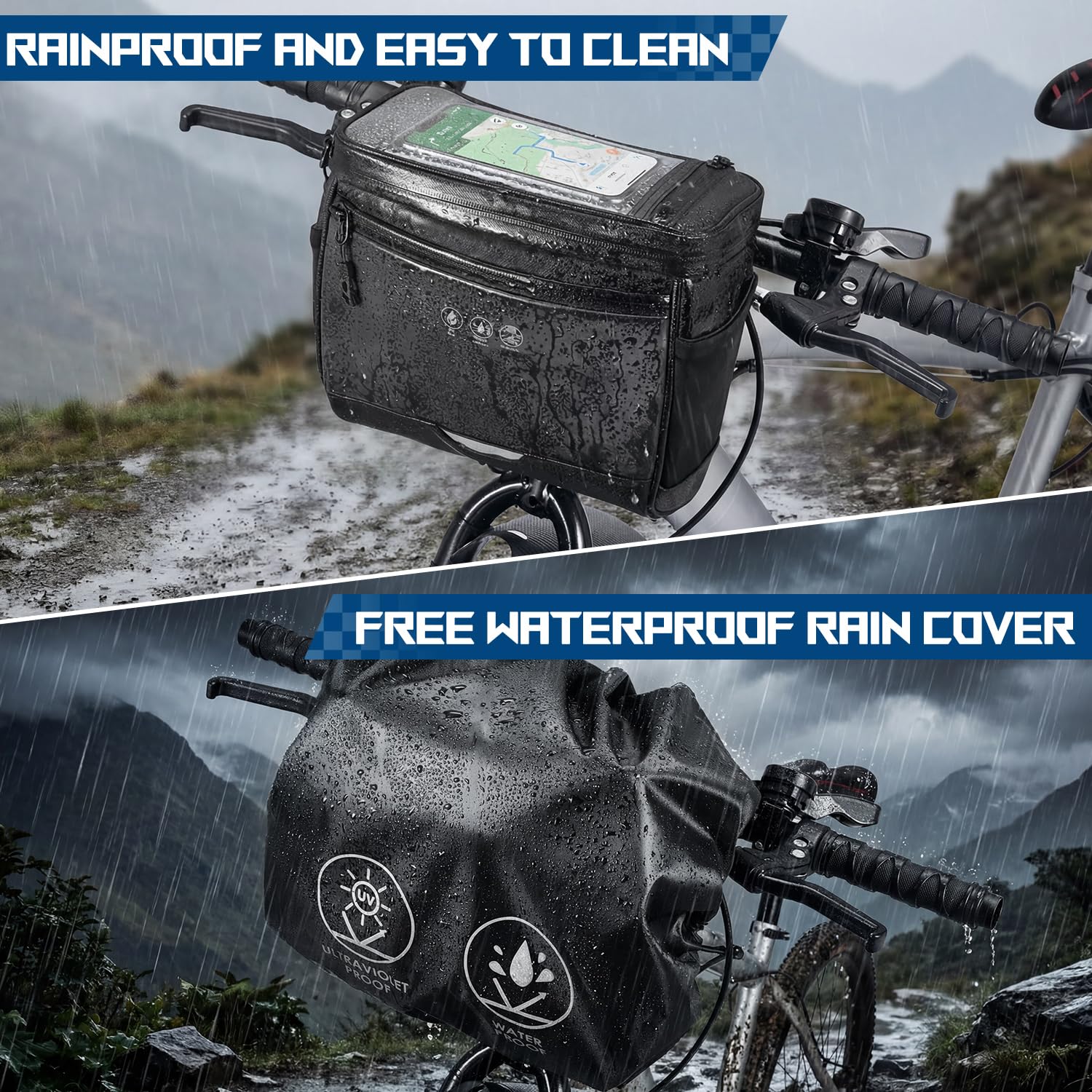 WOTOW Borsa da Manubrio per Bicicletta - Cestino Anteriore da 3,5L Resistente all'Acqua e Isolato con Copertura Antipioggia, Tasche e Tracolla, Pochette Riflettente per Bici da Strada e Mountain Bike