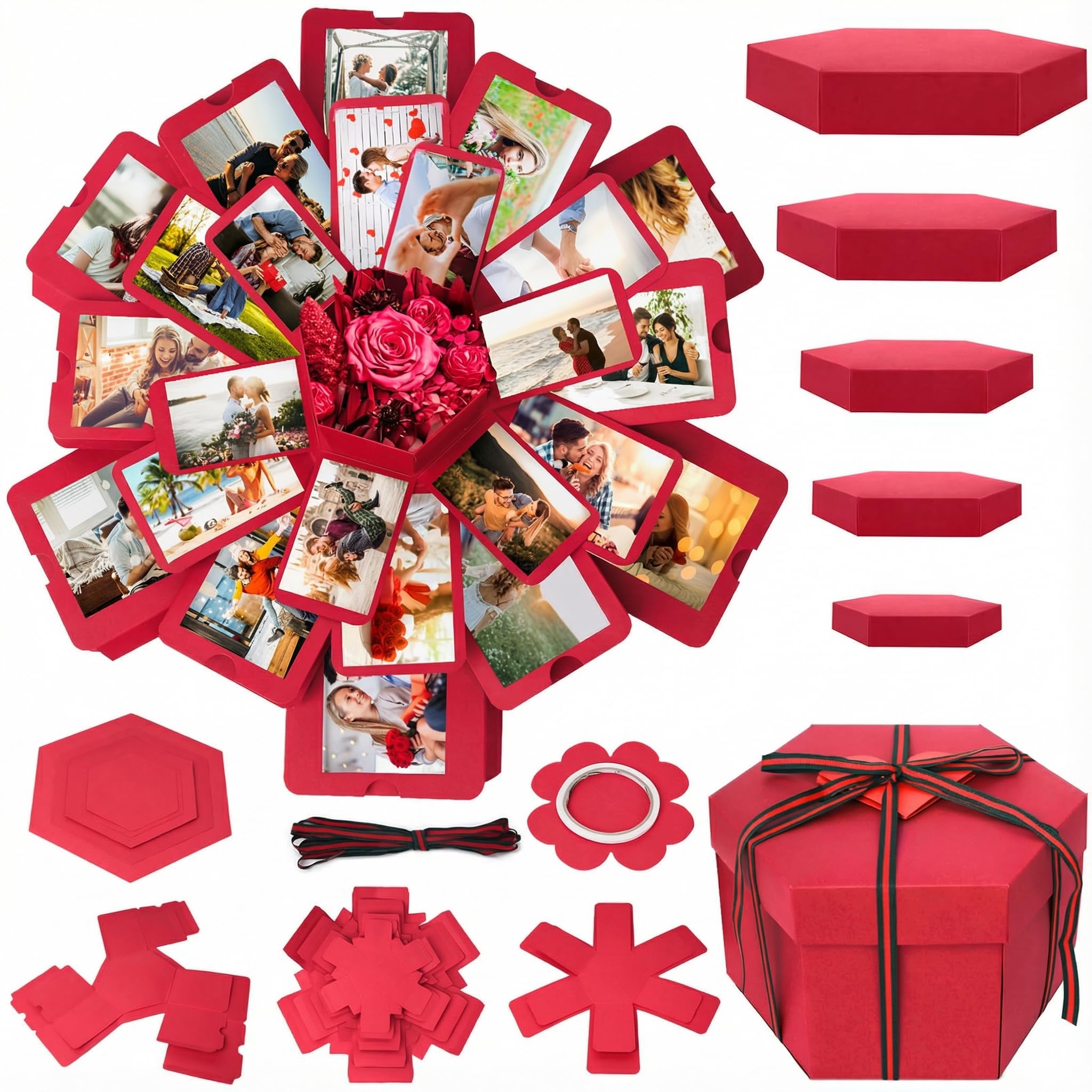 Koogel Explosion Gift Box, Red Surprise Picture Love Box with DIY Scrapbooking Accessories Exploding Photo Album for Anniversary Birthday