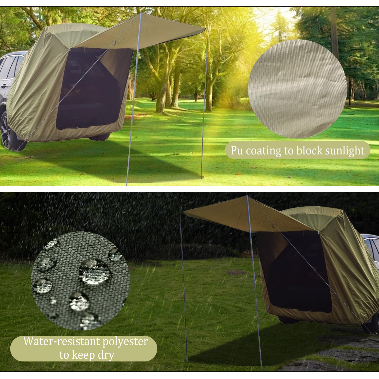 Tienda de campaña Trasera de Coche con mosquitera, protección Solar Impermeable toldos de Coche Tienda de campaña para SUV, toldo de Coche para Camping y Pesca con 2 Bolsas de Agua