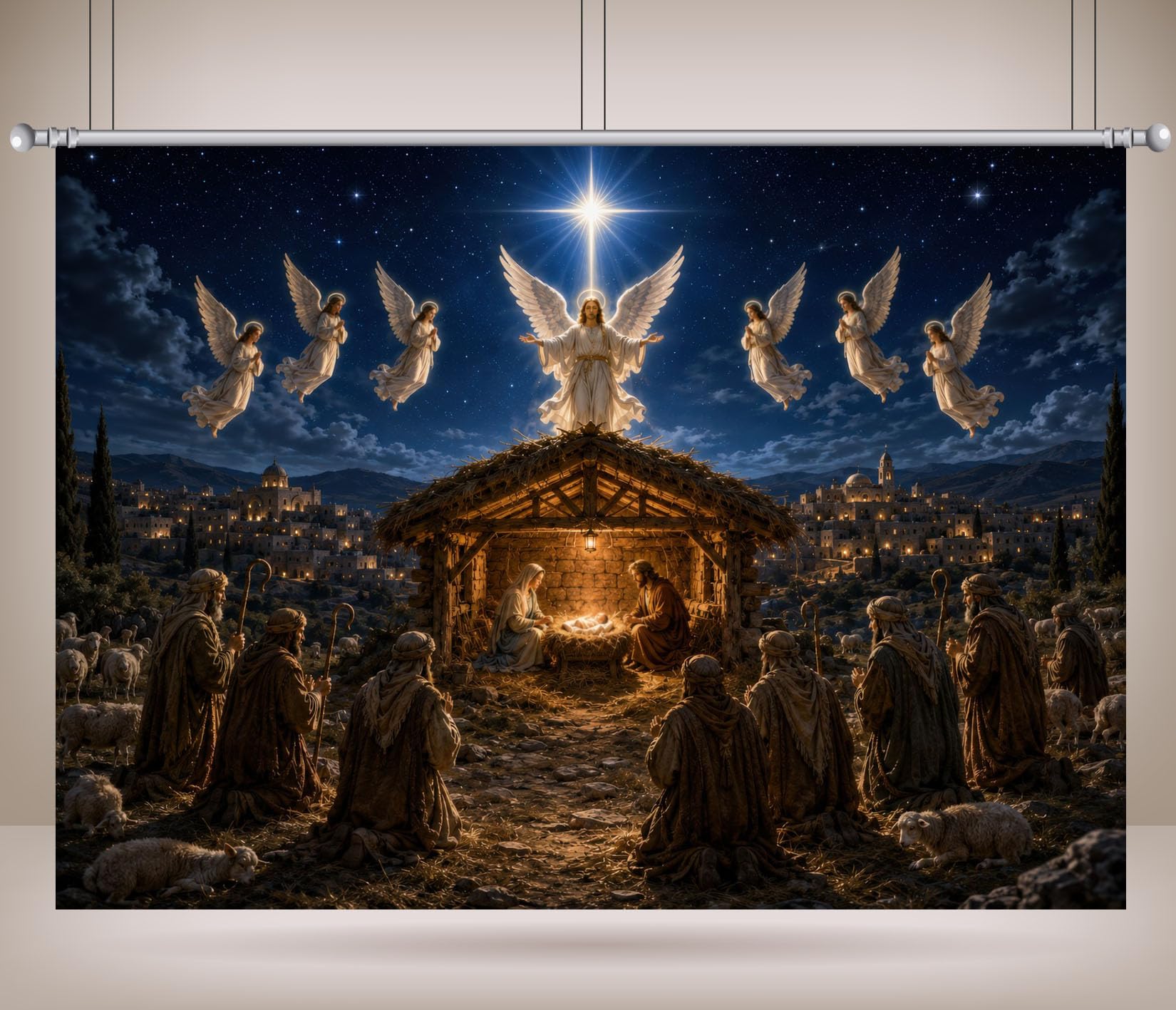 12x8FT (3.6x2.5m) Angeli Sopra Presepe Affollato Sfondo Fotografico
