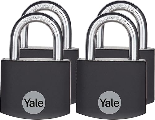 Yale Candado pequeño de aluminio cubierto con 4 llaves iguales para casillero de gimnasio, equipaje y maletas (paquete de 4)