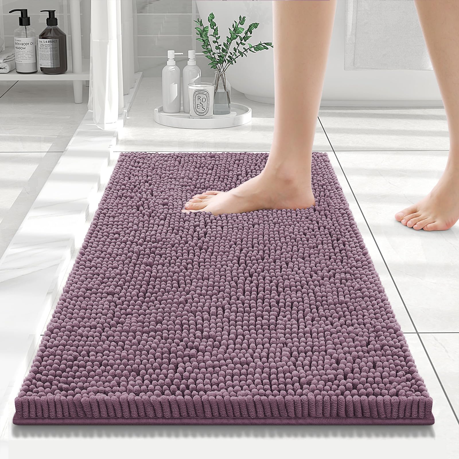 Smiry Luxury Chenille Bathroom Rugs 24x16, Extra Soft and Absorbent Shaggy Bath Mat, Machine Washable, Non-Slip Plush Carpet Runner for Tub, Shower,