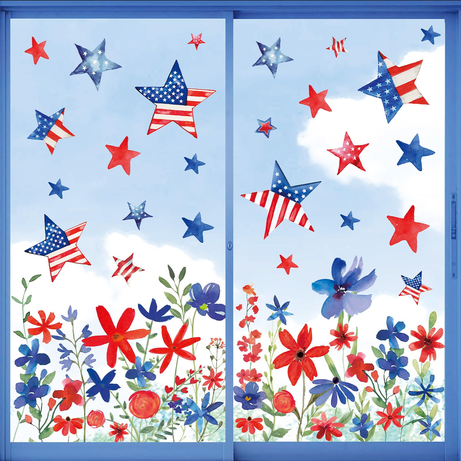 Whaline 6 Sheets Patriotic Window Clings 4th of July Red Blue Flower USA Star Reusable Window Decals for Independence Day Memorial Day Home Glass Party Decor