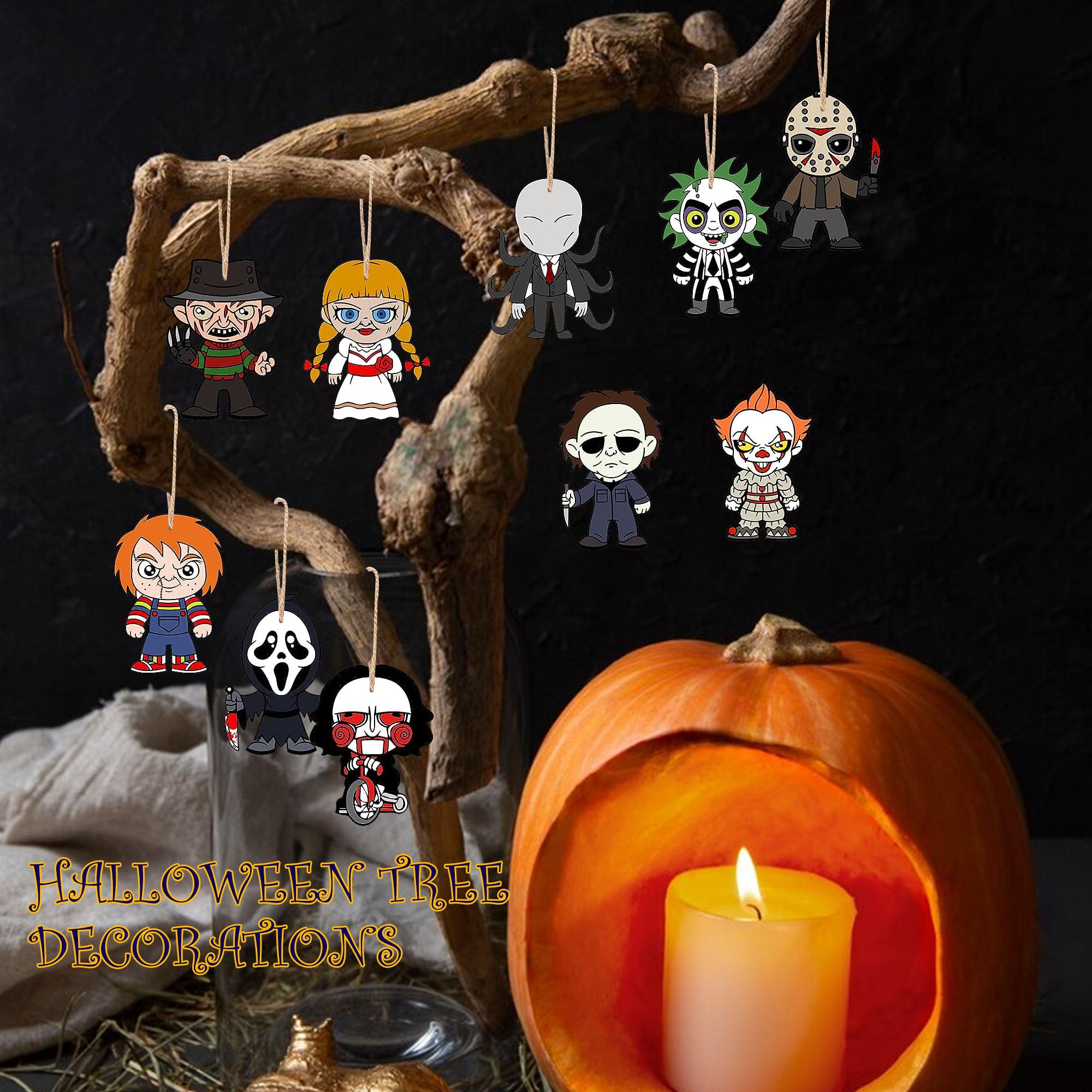 BIGSPINACH Horrory, ozdoby choinkowe, 10 sztuk, drewniane, wiszące, mini dekoracje choinkowe, ozdoby świąteczne, Halloween, dekoracja pokoju