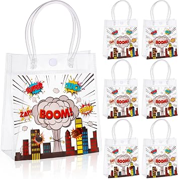 Sweetude 24 Pcs Hero Party Favors Bags Bulk with Handle Party Favor Clear PVC Goodie Candy Treat Tote Transparent Shopping Gift Bags for Birthday Decorations Rewards Supplies