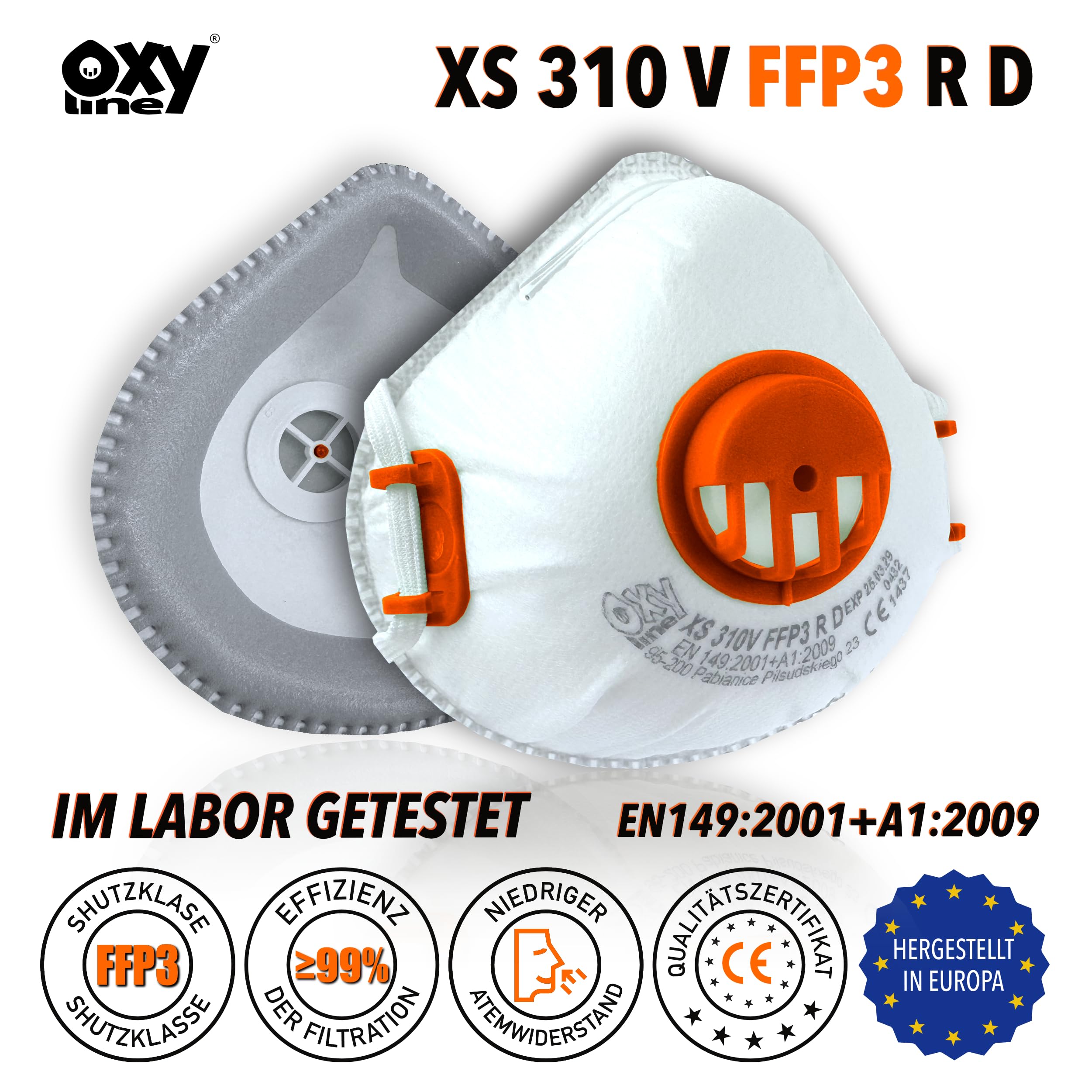 XS 310 V FFP3 R D Wiederverwendbare Halbmaske Staubmaske Atemschutzmaske Schutzmaske mit Ventil, EXTRA FIT 10 Stk