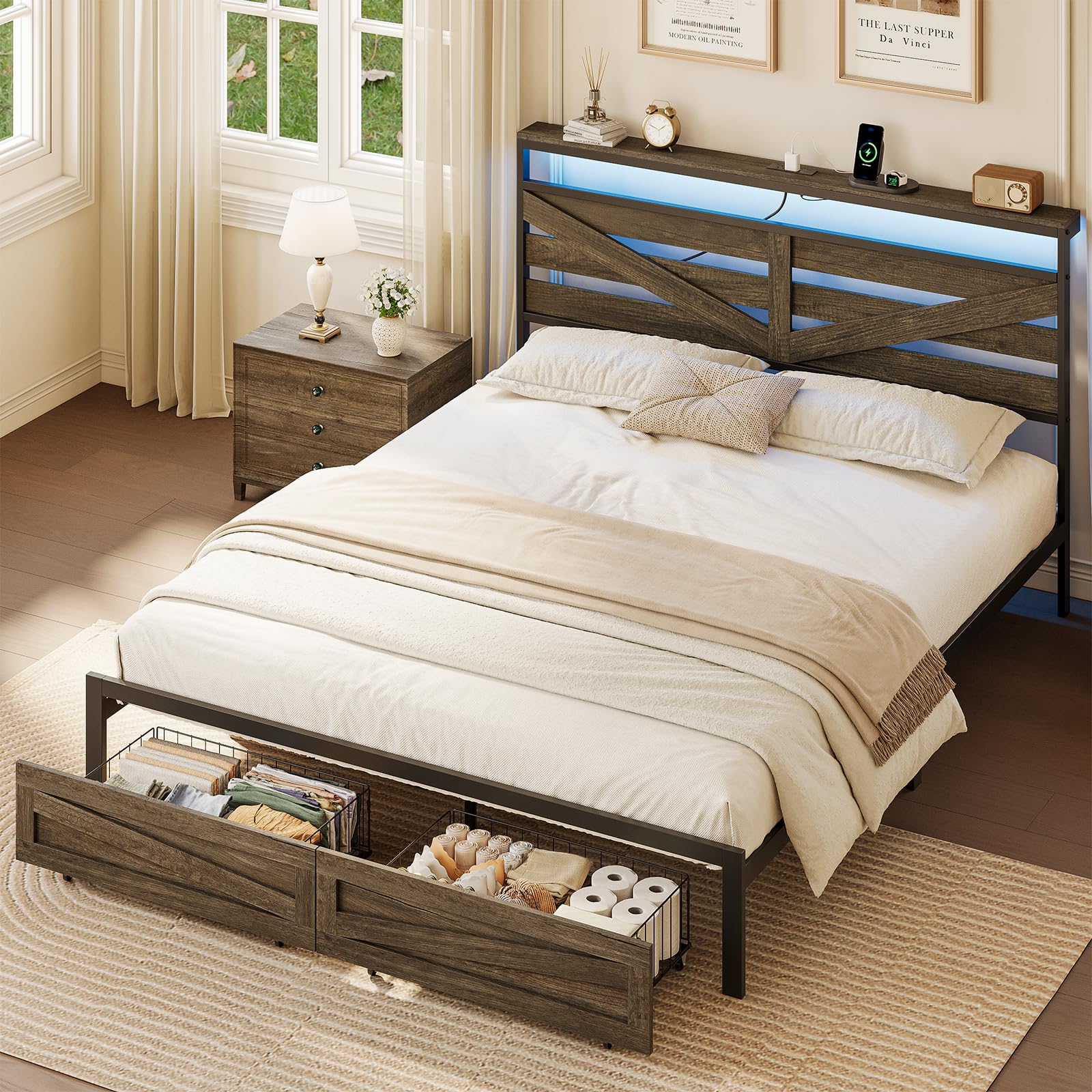 HAUSOURCE Queen Bed Frame with 2 Storage Drawers Farmhouse Bed Frame Queen Size with Headboard LED Lights and Charging Station Metal Platform No Box Spring Needed, Noise Free, Easy Assembly
