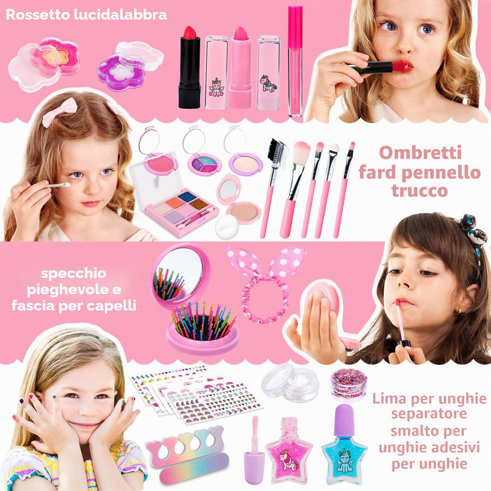 Set Trucchi Bambina 38pcs, Sicuro, Atossico e Lavabile, Anallergico, Trousse per Giochi Bambina, Regalo di Natale e Compleanno per Bambine 4-10 Anni