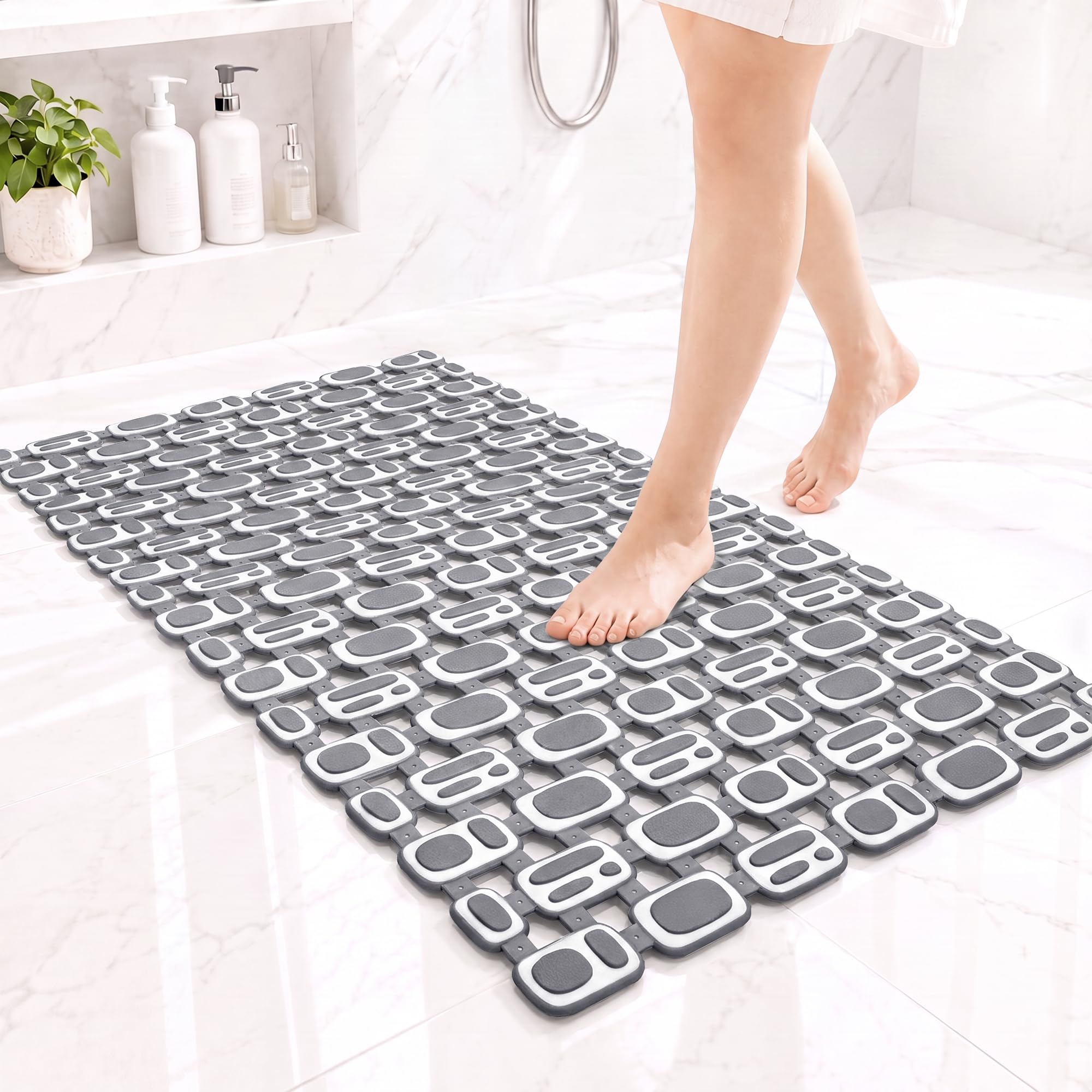 Venuso Solid Shower Mat Non Slip Anti Mould, 68 x 37 cm Hard Bath Mat Anti Slip with Suction Cups and Drain Holes, Cut to Fit Shower Mat for Inside Shower, Machine Washable