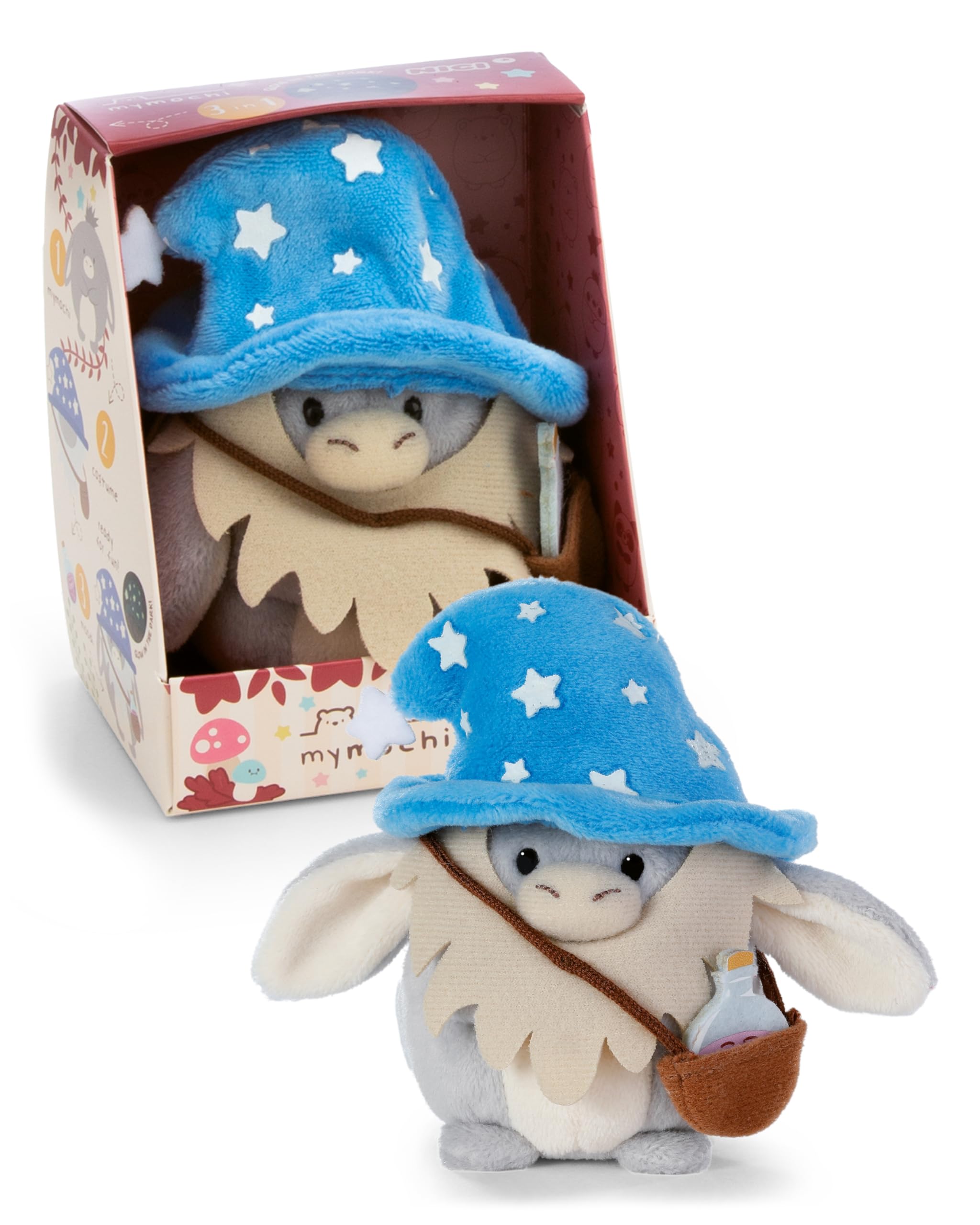 NICI - Set of 8 cm Donkey Earl Plush with Potion and Wizard Costume, in Gift Box, 8.5 x 6.5 x 10 cm, Grey, Soft Mymochi Doll, Adorable Kawaii Animal to Hug and Play, 62584, Colour