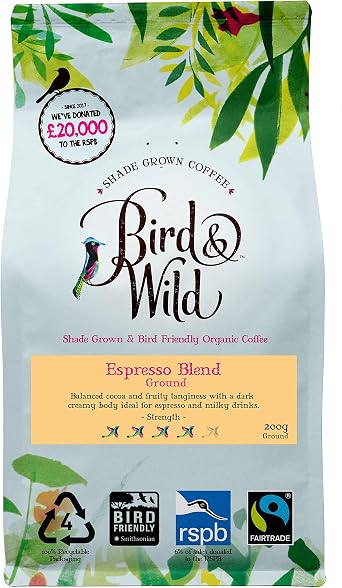 Fairtrade Organic Ground Coffee 200g - Strong Medium Dark Roast - For French Press Cafetiere Filter Drip V60 Aeropress - Shade Grown Bird Friendly Certified - Bird And Wild - Donation to RSPB