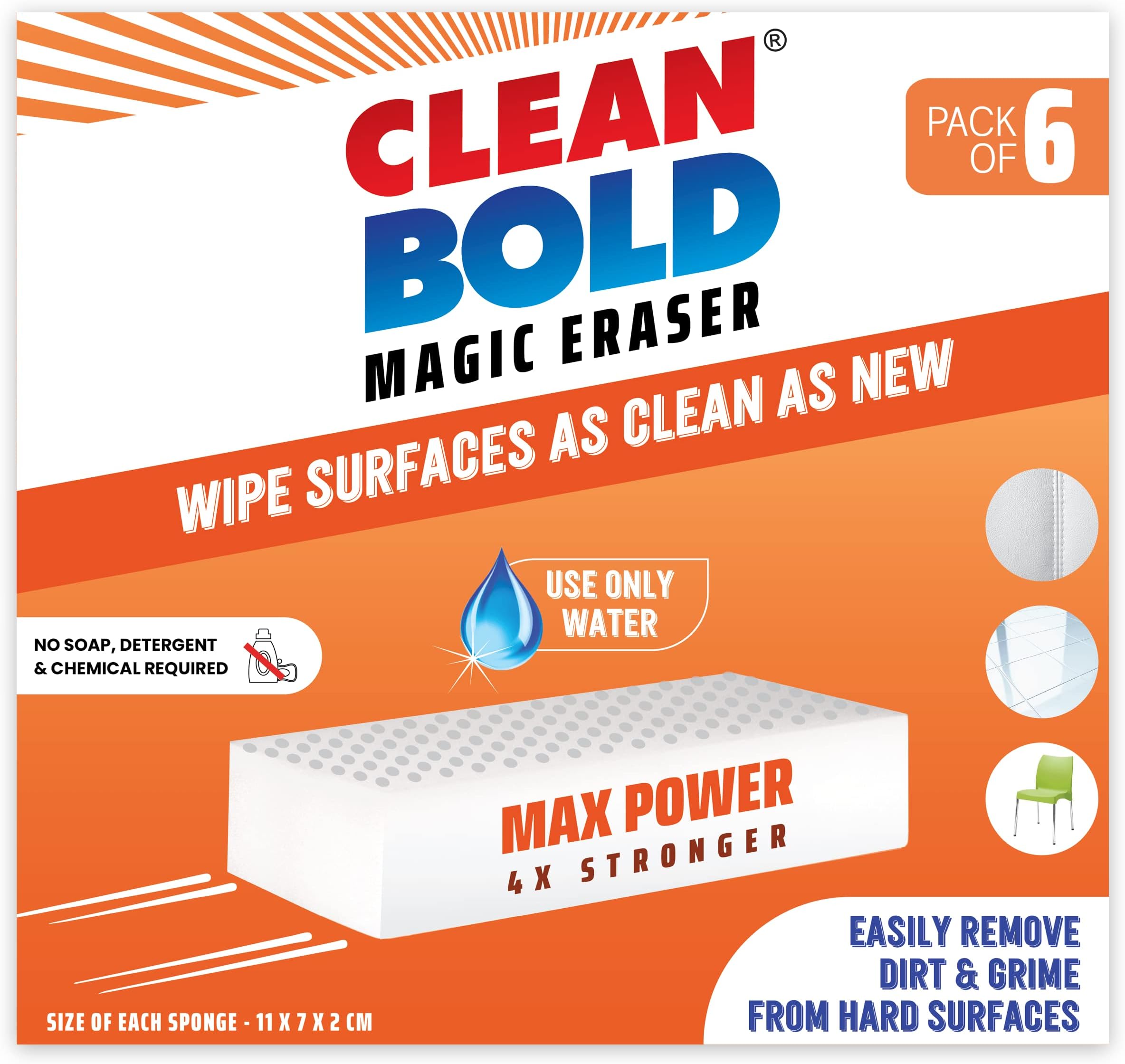CleanBold Melamine Magic Eraser Sponge - 4X MAX Power I Remove Dirt & Grime in Home Kitchen Bathroom Car Shoe Sneaker Wall Glass I Multipurpose Deep Cleaning I Chemical-Free Nano Magic Sponge I 6 Pcs