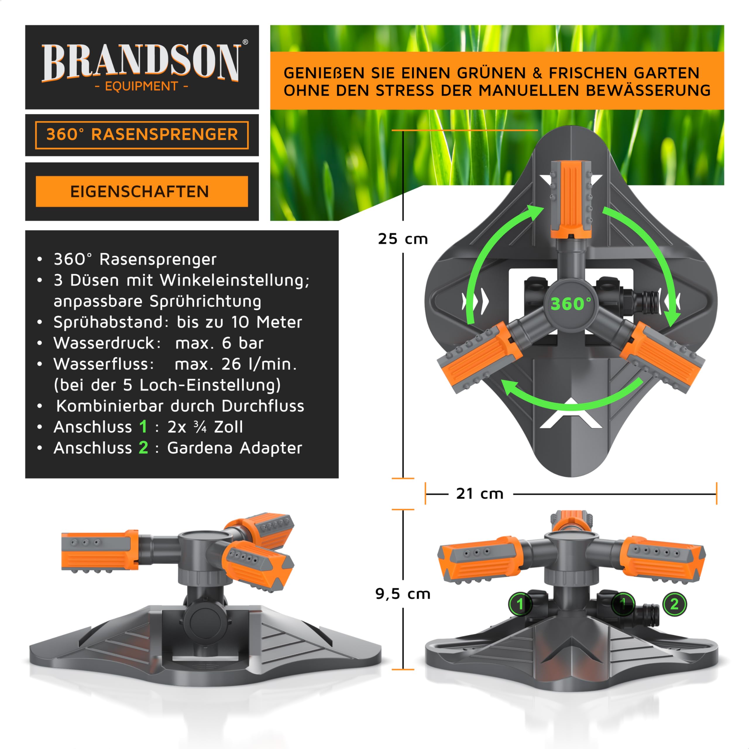 Brandson - Rasensprenger 3/4 Zoll - 360 Grad Kreisregner - Garten Sprinkler - Rotierender Wasser Sprinkler - mit Schnellkupplung - für Bewässerungsanlagen - Rasensprinkler für den Garten
