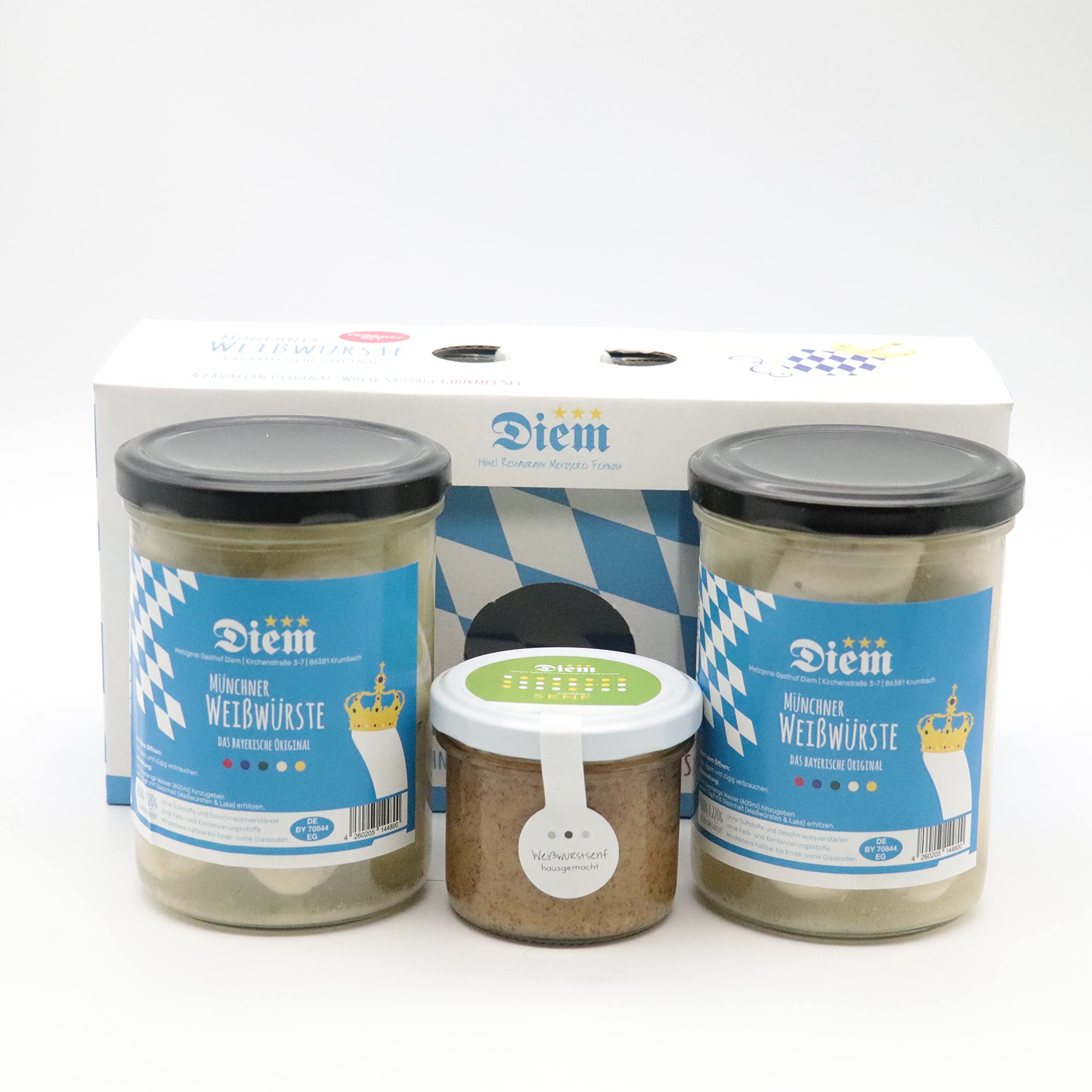 Geschenkset Weisswurst / (2x Weißwurst im Glas - 4 Stück + 1 Glas Süßer Senf a 120g) - Original Münchner Weisswurst – nach Uropa Johann Diems Rezept - langes MHD - 220G Abtropfgewicht, 400g Glas