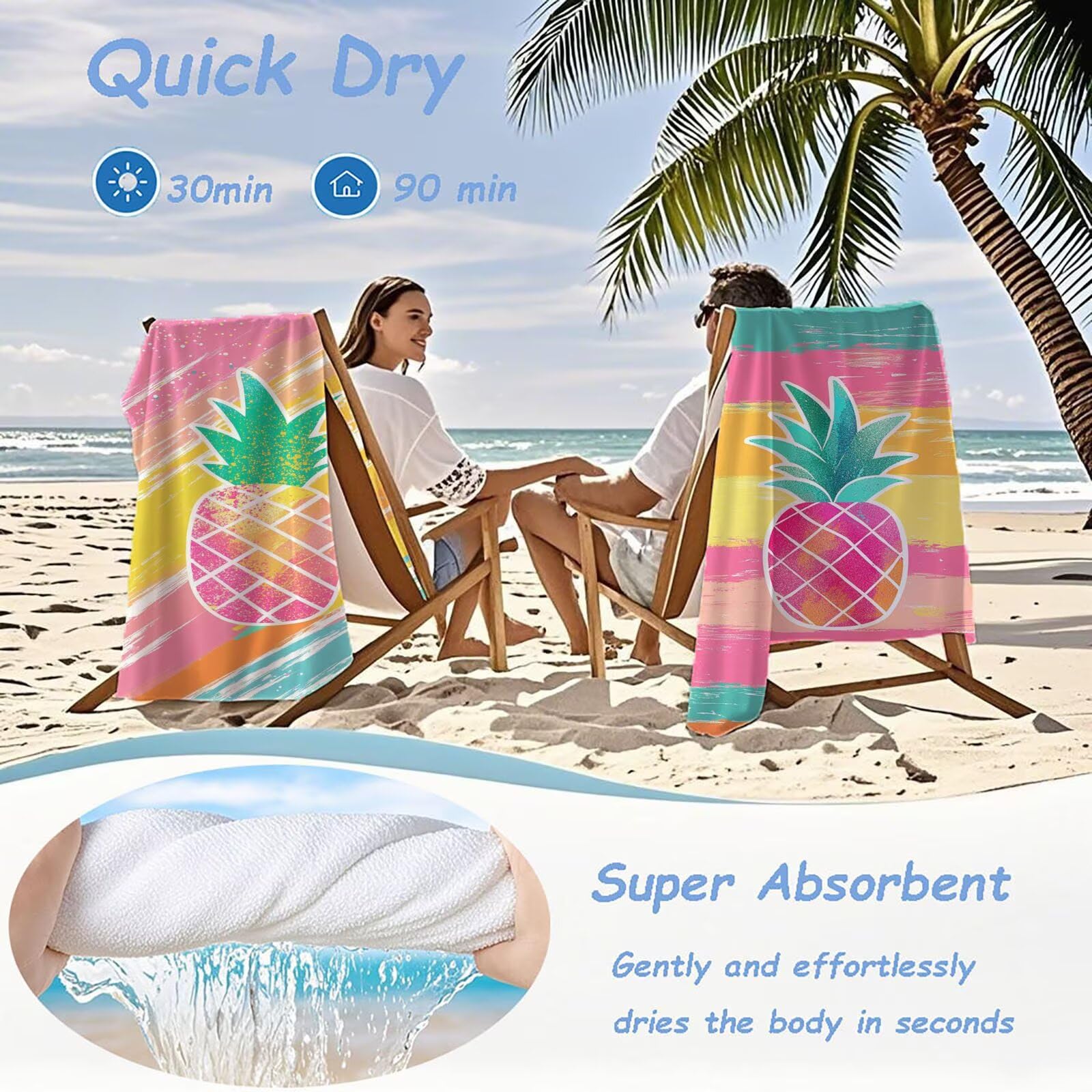 Ręczniki z mikrofibry, ananas, ręcznik plażowy, duży 100 x 180 cm, ręcznik sportowy, szybkoschnący, chłonny, ręcznik plażowy, mata plażowa, koc piknikowy na podróż, kemping, wakacje, basen M-787