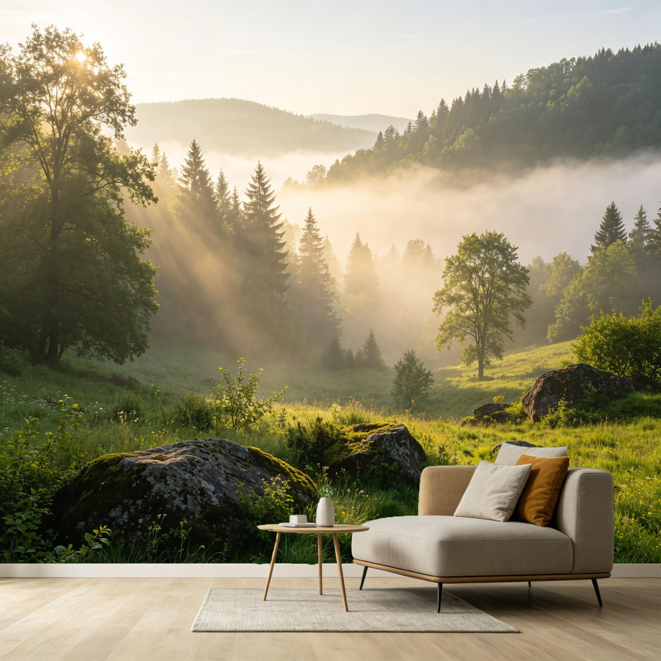 Custom Size Wall Murals Misty Morning Forest Landscape Sunbeam Evergreen Trees Rocks Nature View SelfAdhesive Wall Fabric Removable Large Wallpaper for Photo Living Room