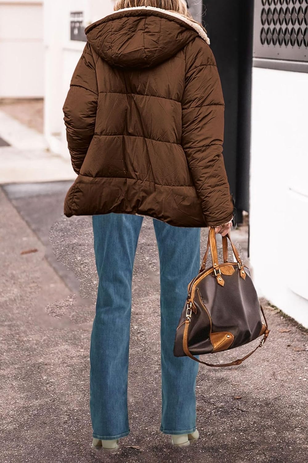 Womens Winter Coats Reversible Puffer Jacket Sherpa Fleece Zip Hoodie Warm Down Coat Oversized Trendy Outerwear Pocket