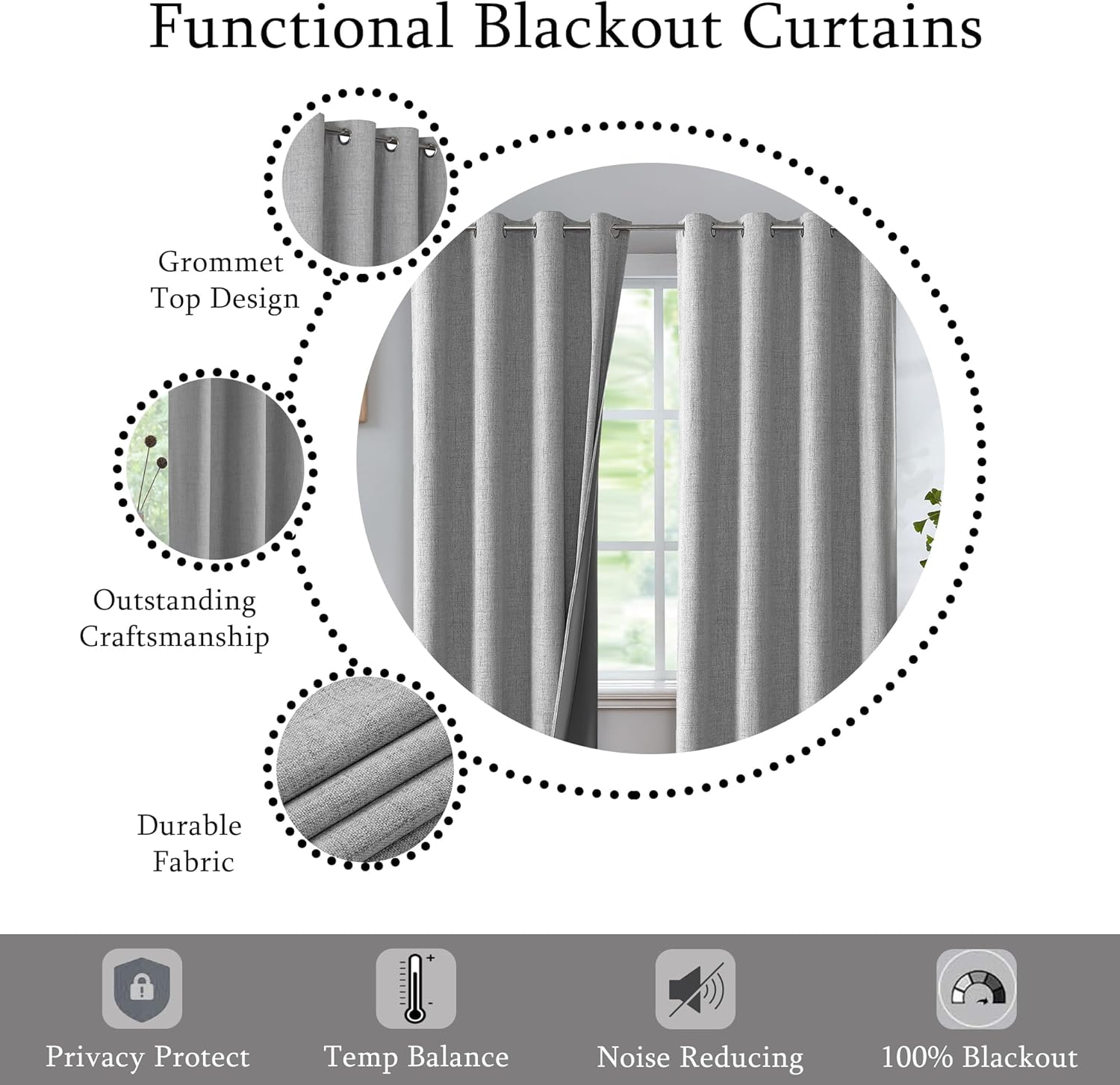 Urban Lotus Full Blackout Curtain Panels Linen Textured Room Darkening Light Blocking Thermal Insulated Drapes for Bedroom/Living Room Grommet Top Window Treatment, 52x95, 2 Panels, Grey