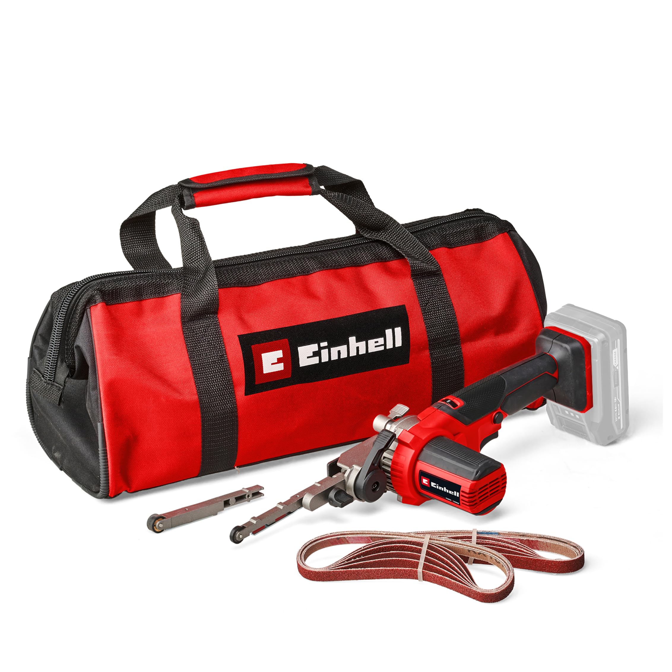 Einhell Lima de cinta con batería TE-BF 18 Li-Solo Power X-Change (18 V, velocidad hasta 1700 m/min, 2 brazos de lijado de 9 mm y 13 mm, incl. 12 cintas abrasivas, sin batería)