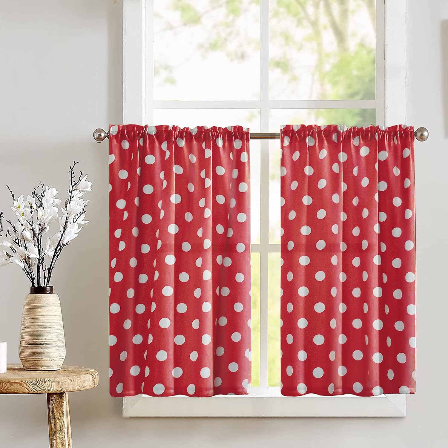 Zen Creative Designs Polka Dots Print Tier Window Valance 2 Piece Set Home Décor Bedroom Nursery Kitchen Window (Black on Red)
