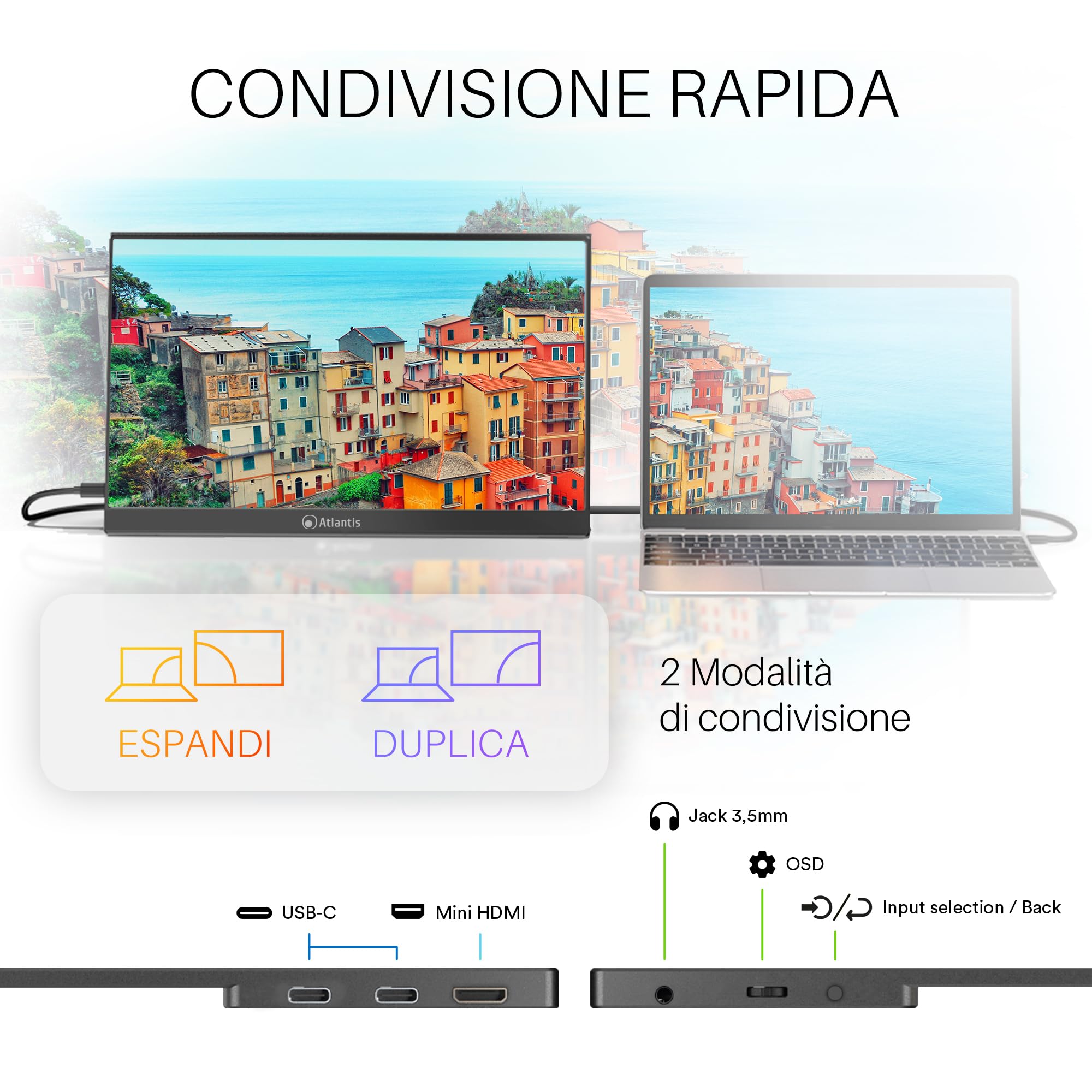 Atlantis Monitor Portatile 16 Pollici, 1080P Full HD 1920x1080, HDMI/Type_C, Speaker 2x1W, Smart Cover, display IPS, per Notebook/Lapto/Console/Switch/Angolo 170/170, Cavo HDMI 1,5m/Type_C, peso< 1Kg.