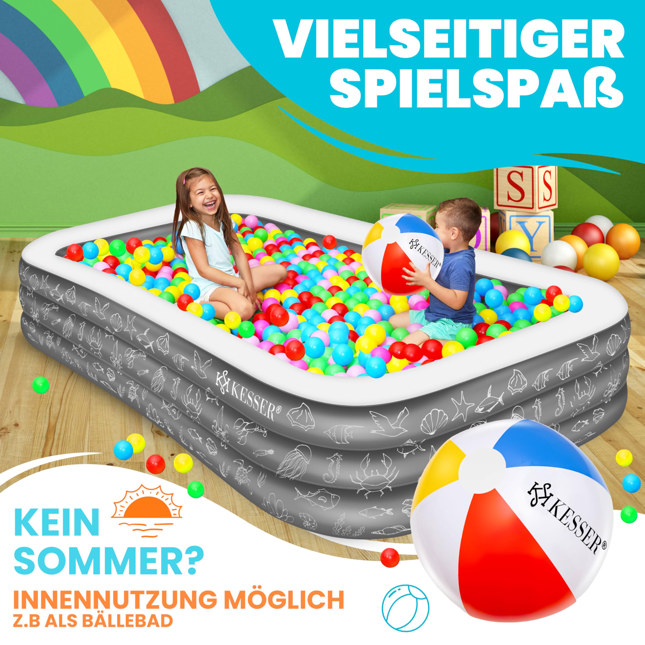 KESSER Aufblasbarer Pool Familienpool 240x142x56 cm 613 Liter Planschbecken inkl. Flickzeug & Ball