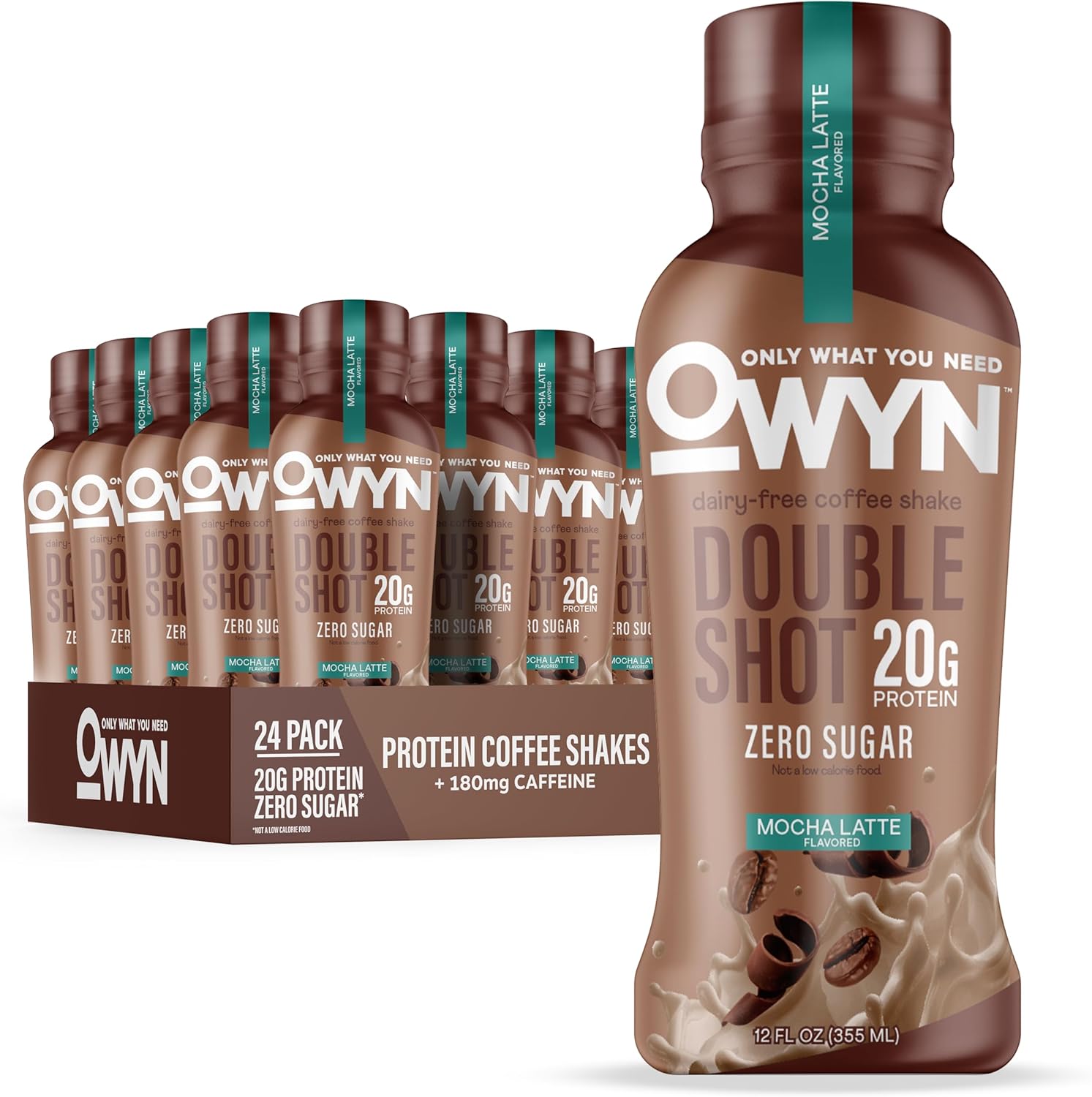 OWYN Only What You Need Double Shot Mocha Latte, Vanilla Latte and Caramel Macchiato Flavored Protein Shake, 20g Protein, 0g Sugar, 3g Fiber, 180mg Caffeine, Dairy Free, Plant Based Protein, 12 CT