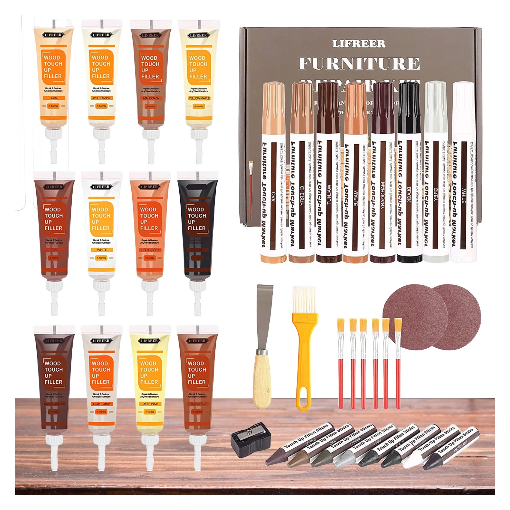 Lifreer Wood Furniture Repair Kit - 40 Pcs Wood Filler, Touch Up Markers with Wax Sticks - for Wood Floors, Stains, Scratches,Tables, Door, Carpenters, Bedposts