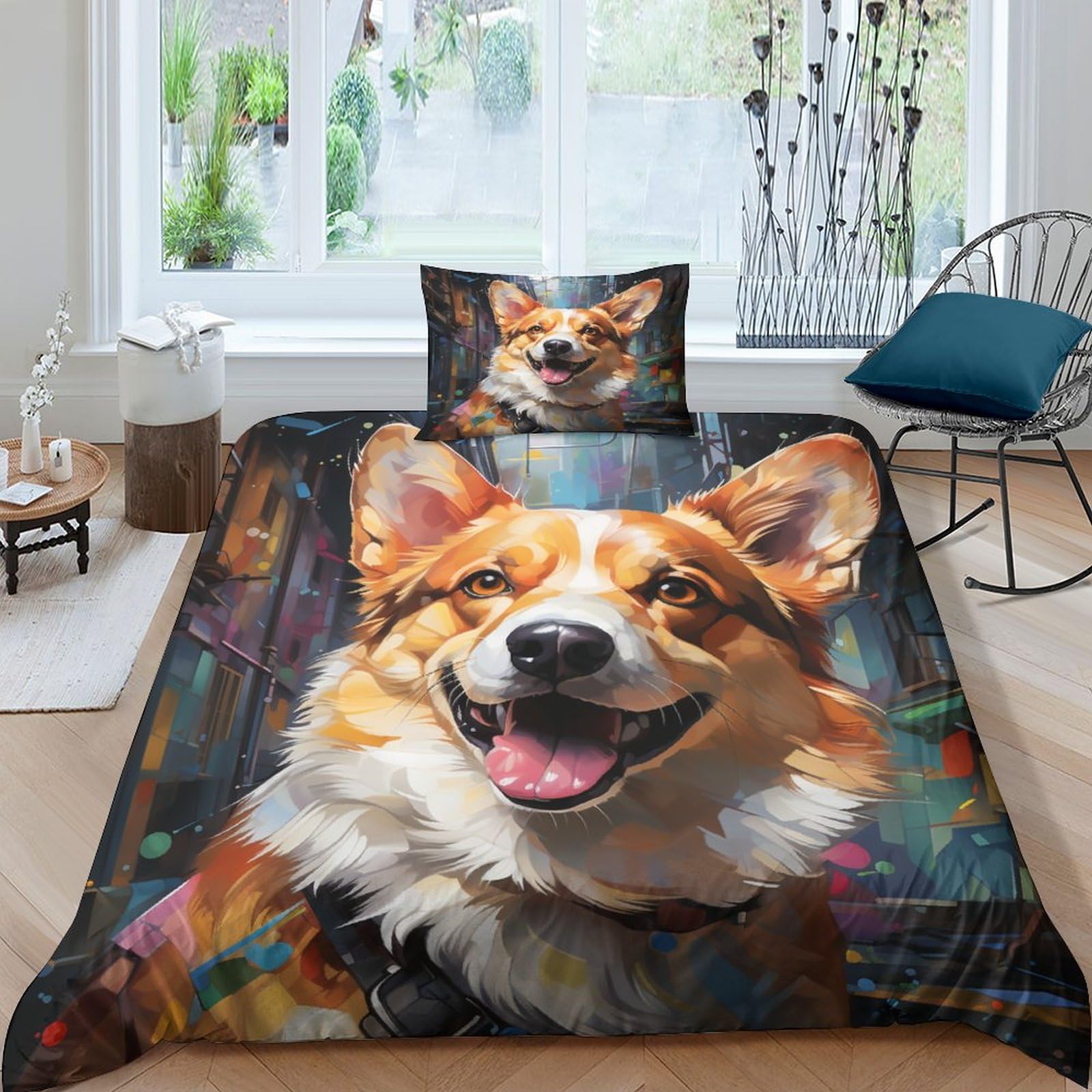 Housse De Couette 3D Corgi Parure De Lit Enfant Facile À Border Avec Zip Invisible