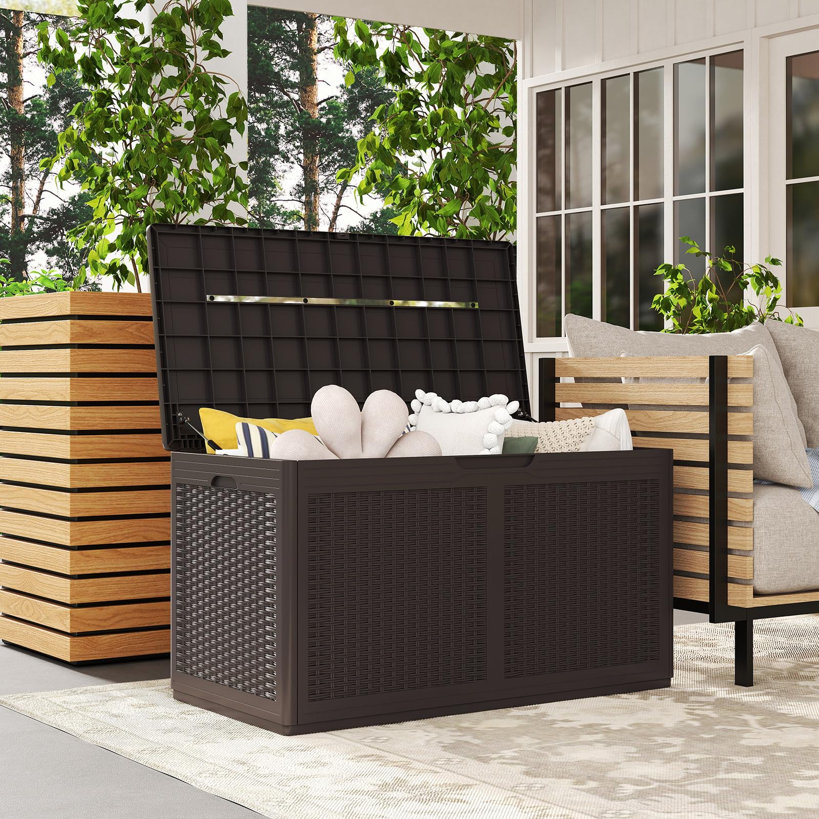 RELAX4LIFE 380L Cassapanca da Esterno, Contenitore da Patio Chiudibile a Chiave con 2 Ruote, Superficie in Finto Rattan, in Resina Impermeabile per Cuscini, Attrezzi (MARRONE)