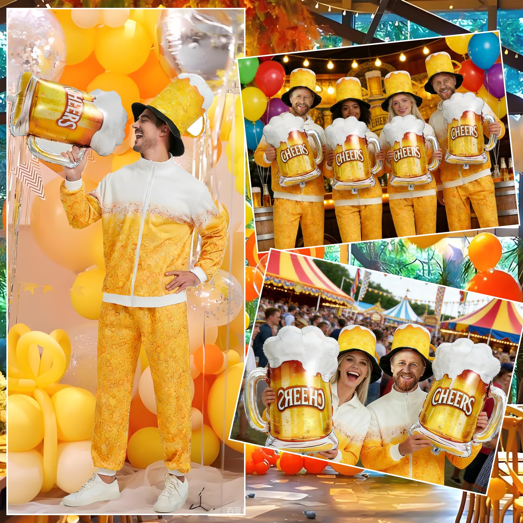 YeahBoom Bier Trainingsanzug Kostüm,Bierkostüm Herren und Damen,Faschingskostüm mit Jacke,Hose,Brille,Halskette,Ballon,80er 90er Jahre Kostüm für Bierfest Karneval Party
