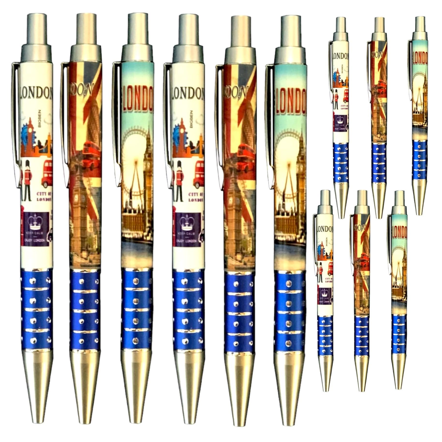 Souvenirs Set of 12 London Iconic Picture Design Pen - UK London Pens - Union Jack Flag Retractable Ballpoint Pens - Iconic London UJ Pen
