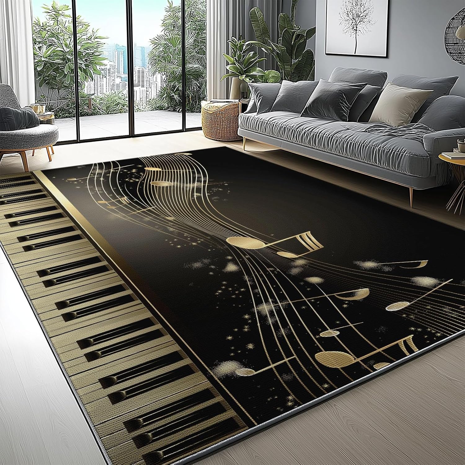 Area Rugs 2 x 3 ft, Modern Music Piano Keys Machine Washable Rug for Living Room Bedroom Dining Room Hallway, Non Slip Indoor Soft Low Pile Carpet for Farmhouse Office Home Decor Black Gold