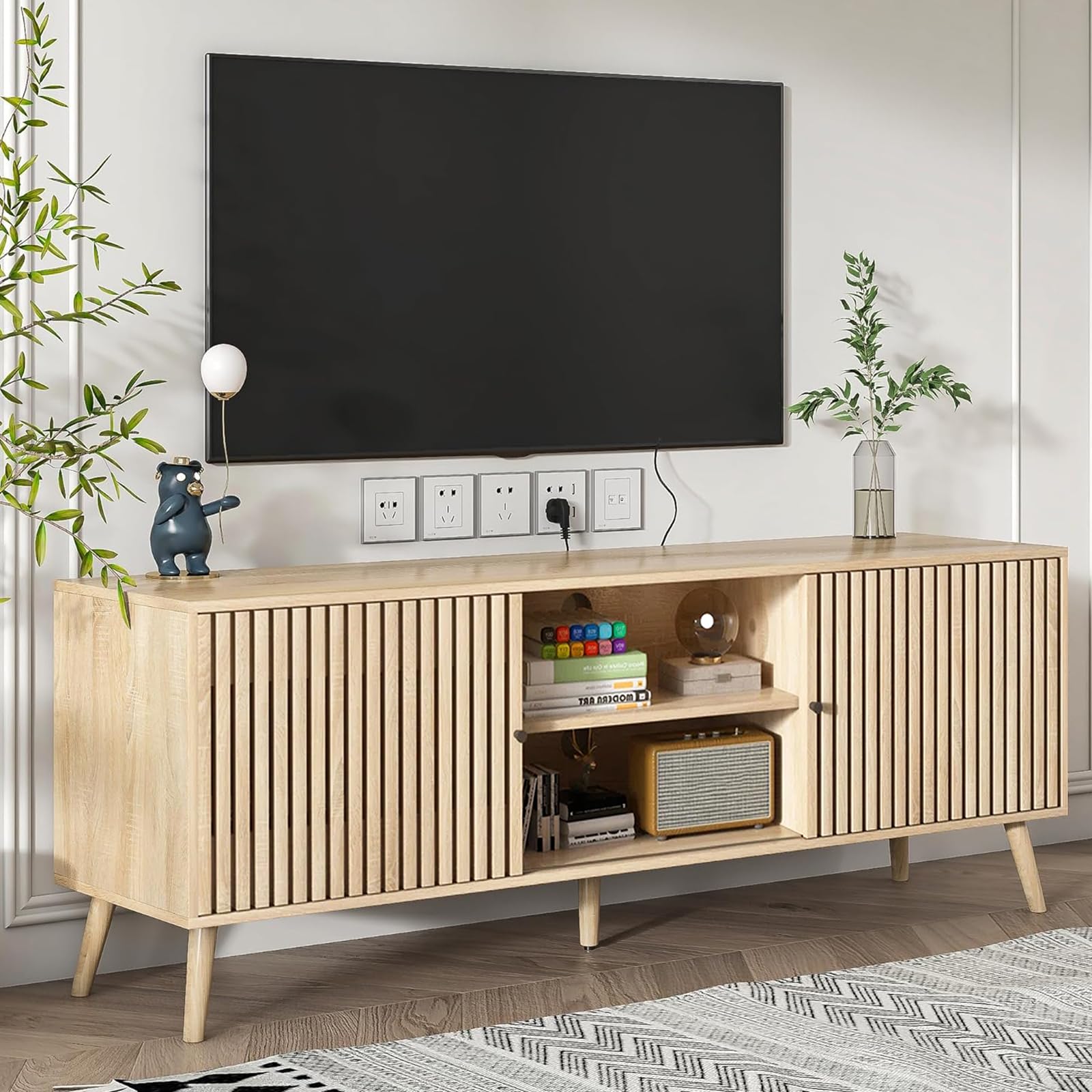 mid century modern tv stand for tvs up to 70 in with sliding doors and open shelf entertainment center with storage media console for living room natural