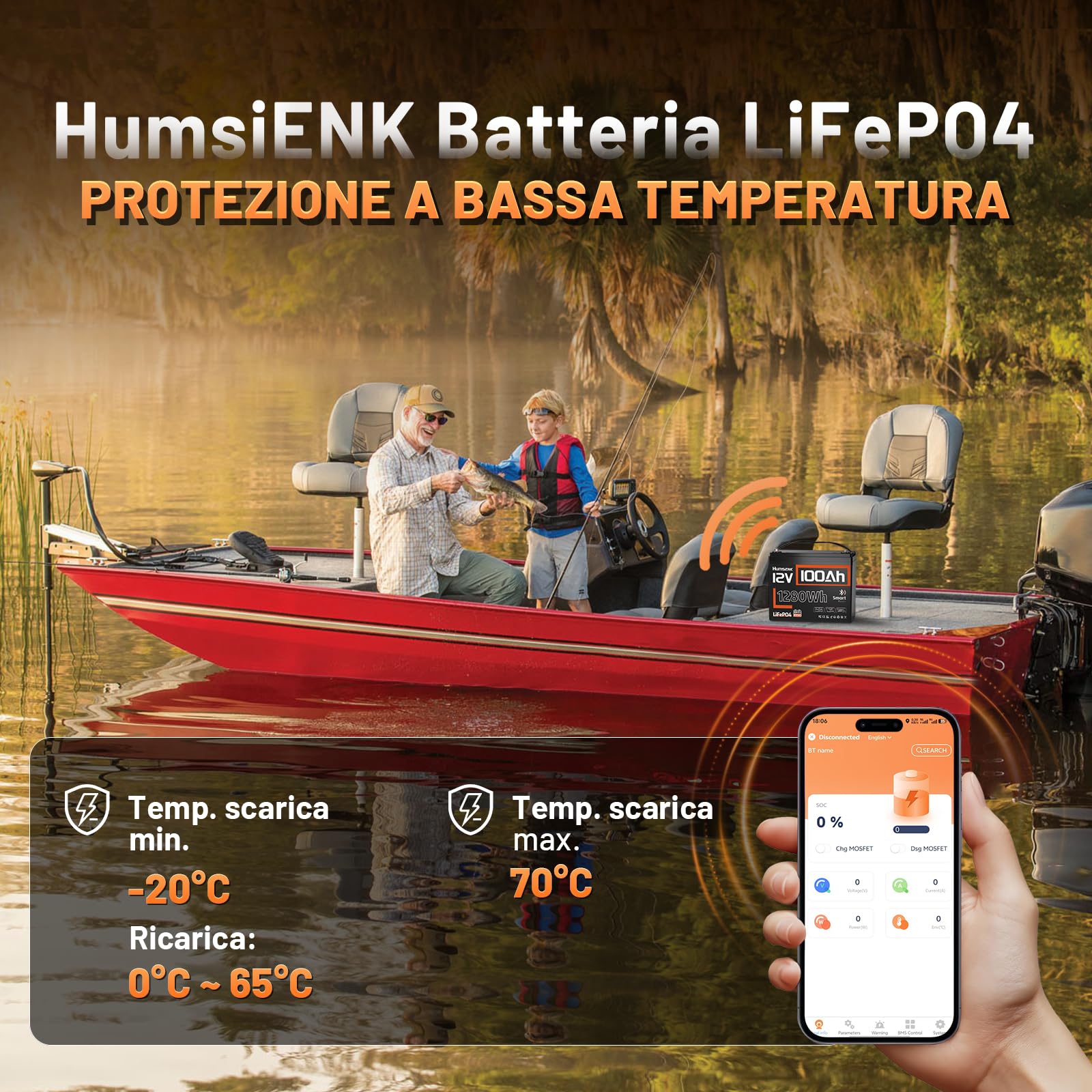Humsienk Batteria al Litio 12V 100Ah LiFePO4 con Bluetooth, BMS 100A Integrato e Protezione a Bassa Temperatura, 15.000+ Cicli Profondi, 1280Wh Energia per Camper, Barca, Sistemi solare, Off-Grid