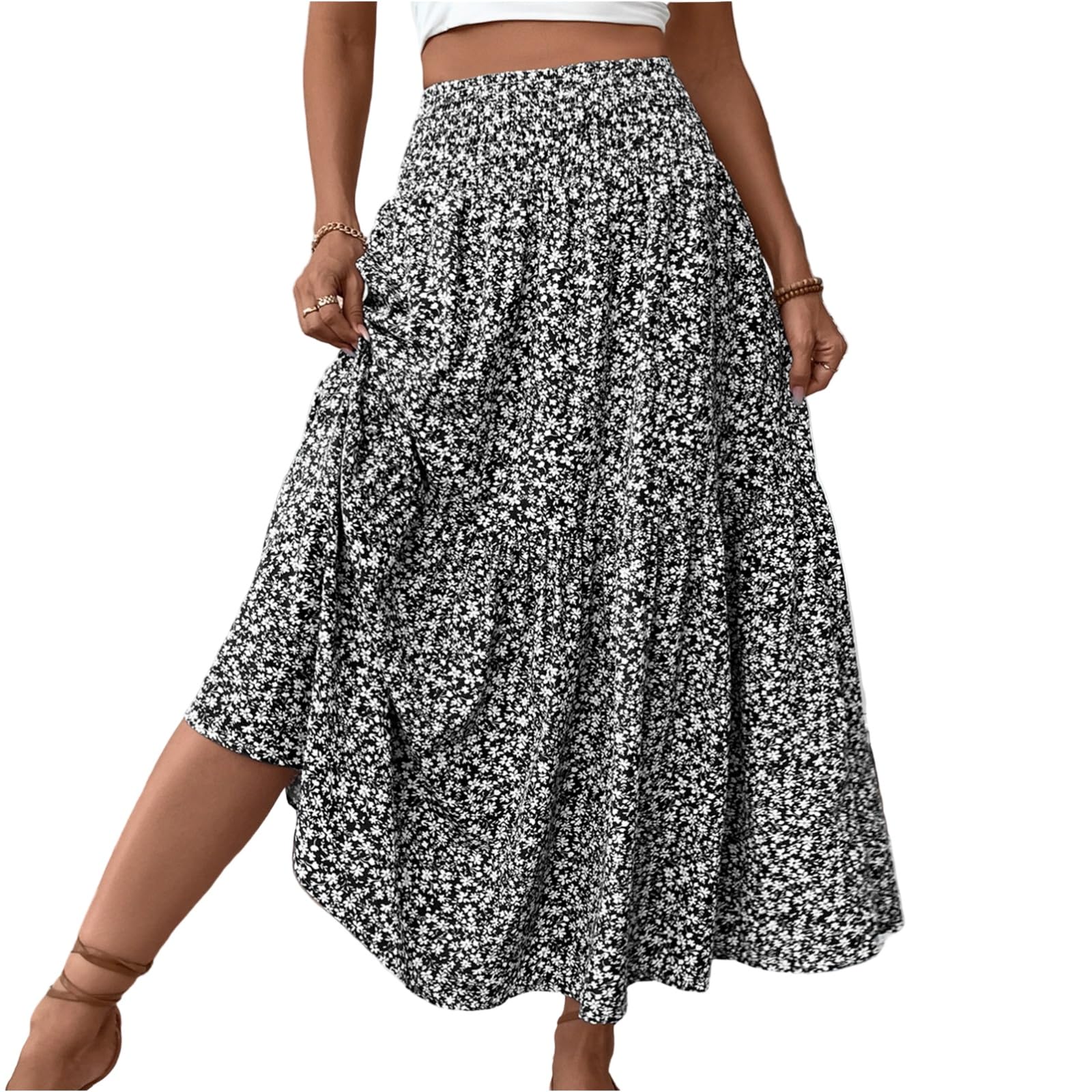 Boho Maxi Skirt for Women Summer Floral Smocked High Waisted Skirts with Pockets Vacation A-Line Long Flowy Skirts