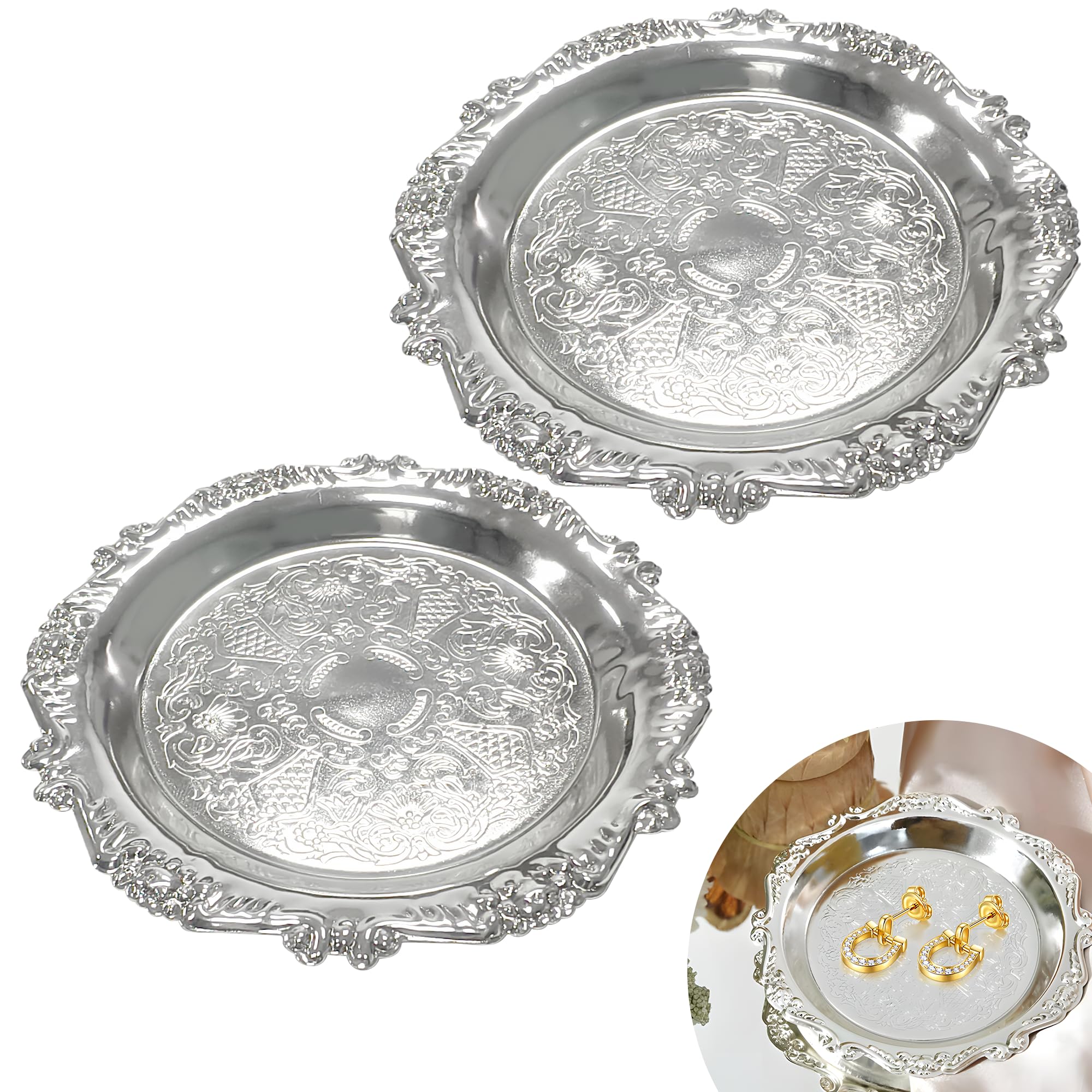 2PCS Vintage Silver Patterned Trinket Tray Set, Elegant Trinket Tray, Decorative Jewellery Dish for Dressing Table Accessories, Small Silver Tray for Keys, Rings, Candles and Perfume Display