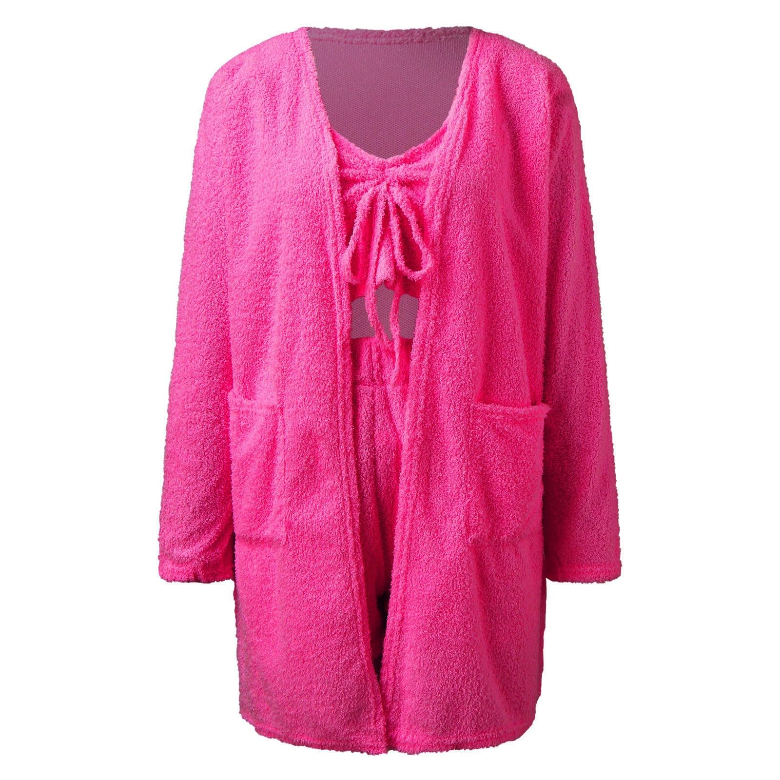 Pyjama pour femme en peluche chaude | Combinaison de maison pour femme 3 pièces Pyjama doux avec pyjama | Ensemble cami et short Ensemble de vêtements de nuit pour femme Manteau uni Ensembles de
