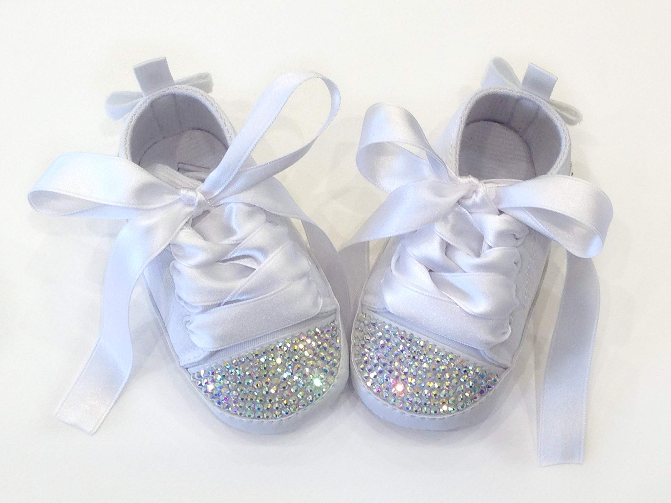 Scarpe Bambina 3-6 Mesi Bianche con Cristalli Strass, Sneakers Battesimo Bimba Neonato Taglia 18/19 (11cm) Bebè Luxury