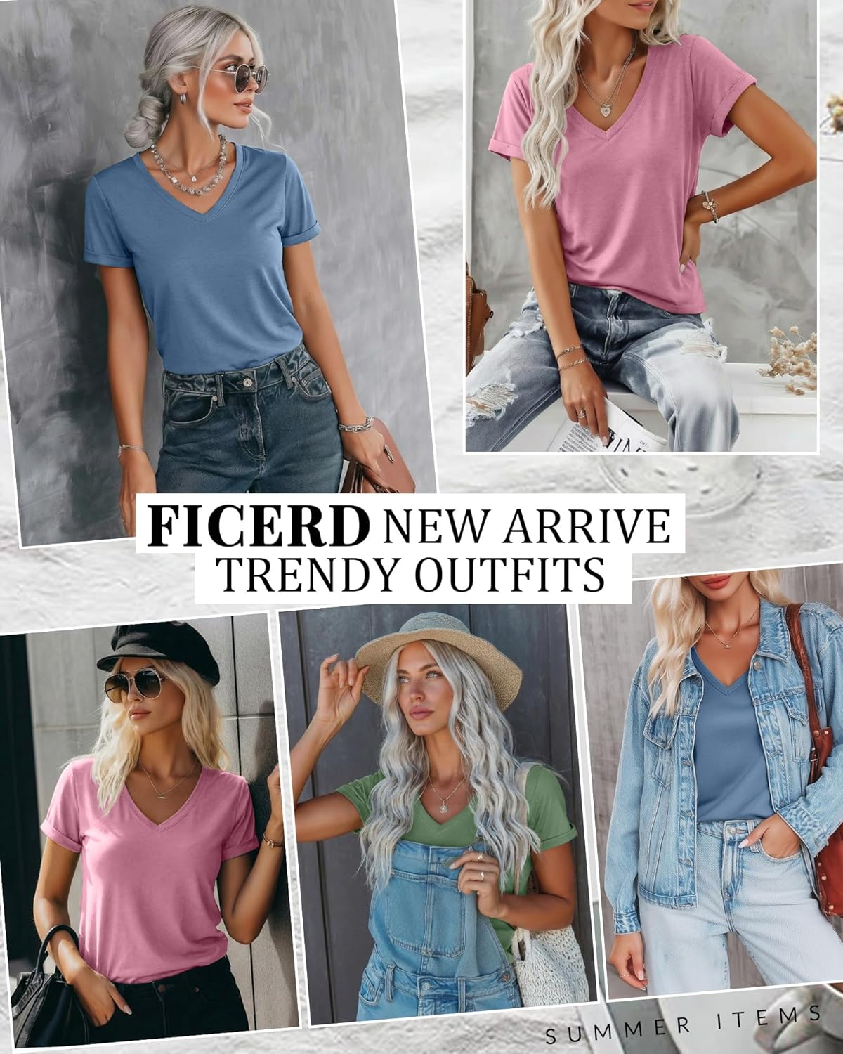 Ficerd 3 Pack Women's V Neck T Shirts, Summer Casual Short Sleeve Tops Loose Fit Rolled Sleeve Tees Trendy Shirts - Image 4