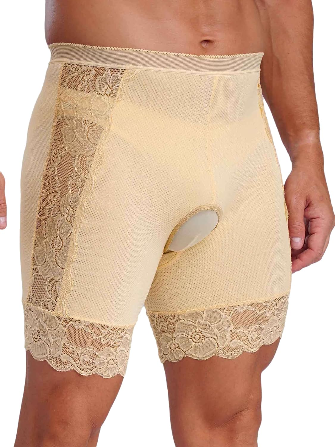 Jugaoge Men's Lace Trim Panties Crotchless Bikini Briefs High Waist Boyshorts Safety Shorts Briefs