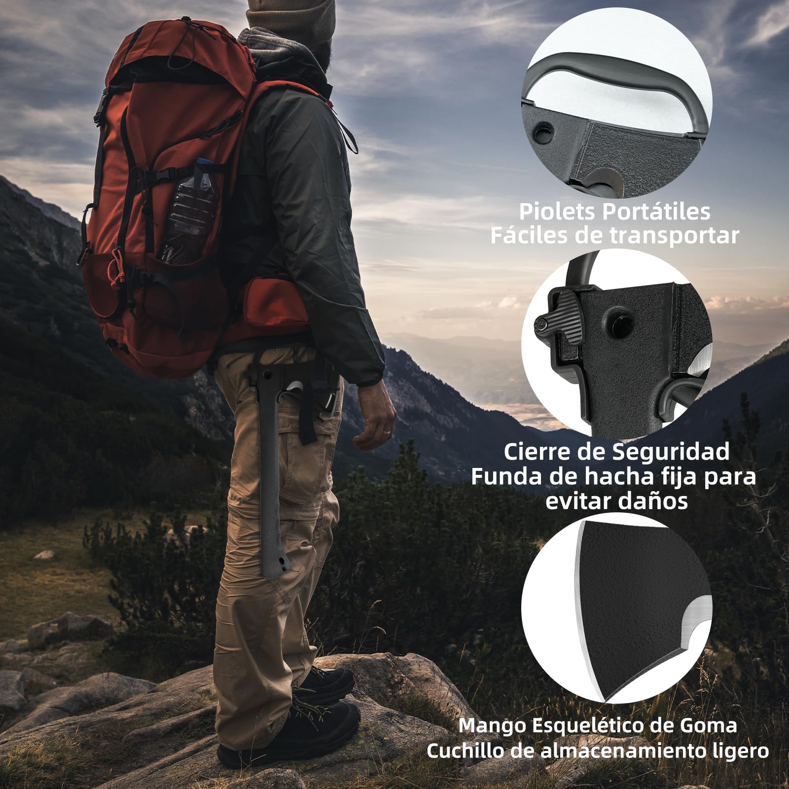 ZKH Hacha Camping 6 en 1, Herramienta Multifunción, Supervivencia en Camping, Cierre de Seguridad, Ligera, Fácil de Llevar Regalo de Hombre para Canguro, Outdoor, Reparación, Senderismo