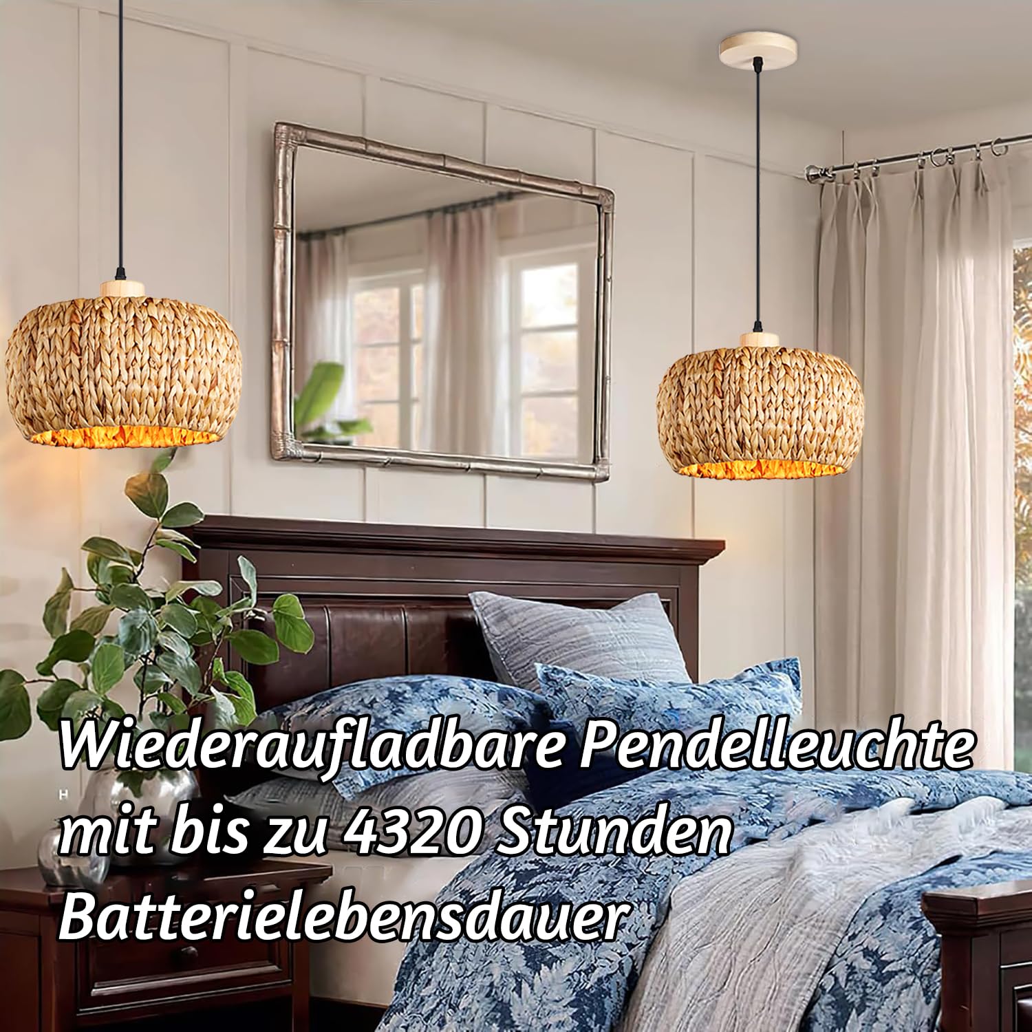 Lampada a Sospensione Boho in Rattan E27 con Batteria, Lampada a Sospensione Vintage in Bambù per Interni, Regolabile con Telecomando, Lampada a Sospensione con Lampadine RGB Ricaricabili per Sala da