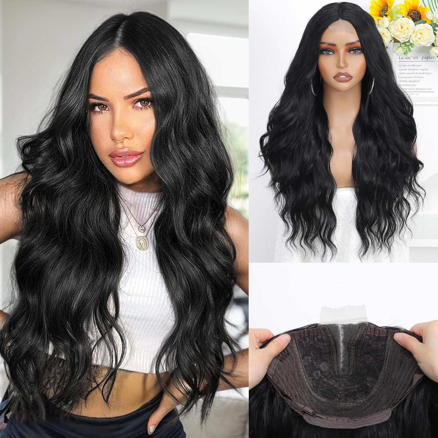 MINLEE Black Wig for Women 26 Inch Long Black Wavy Wig Middle Part Black Hair Wigs Heat Resistant Synthetic Wig for Daily Party Use