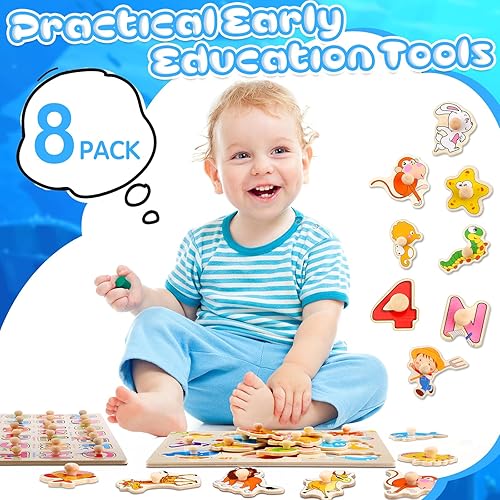 Miniatura 6 de Chivao Juego de 8 rompecabezas de madera con números del alfabeto, vehículos de animales, tablero para aprendizaje de adultos, juguetes educativos