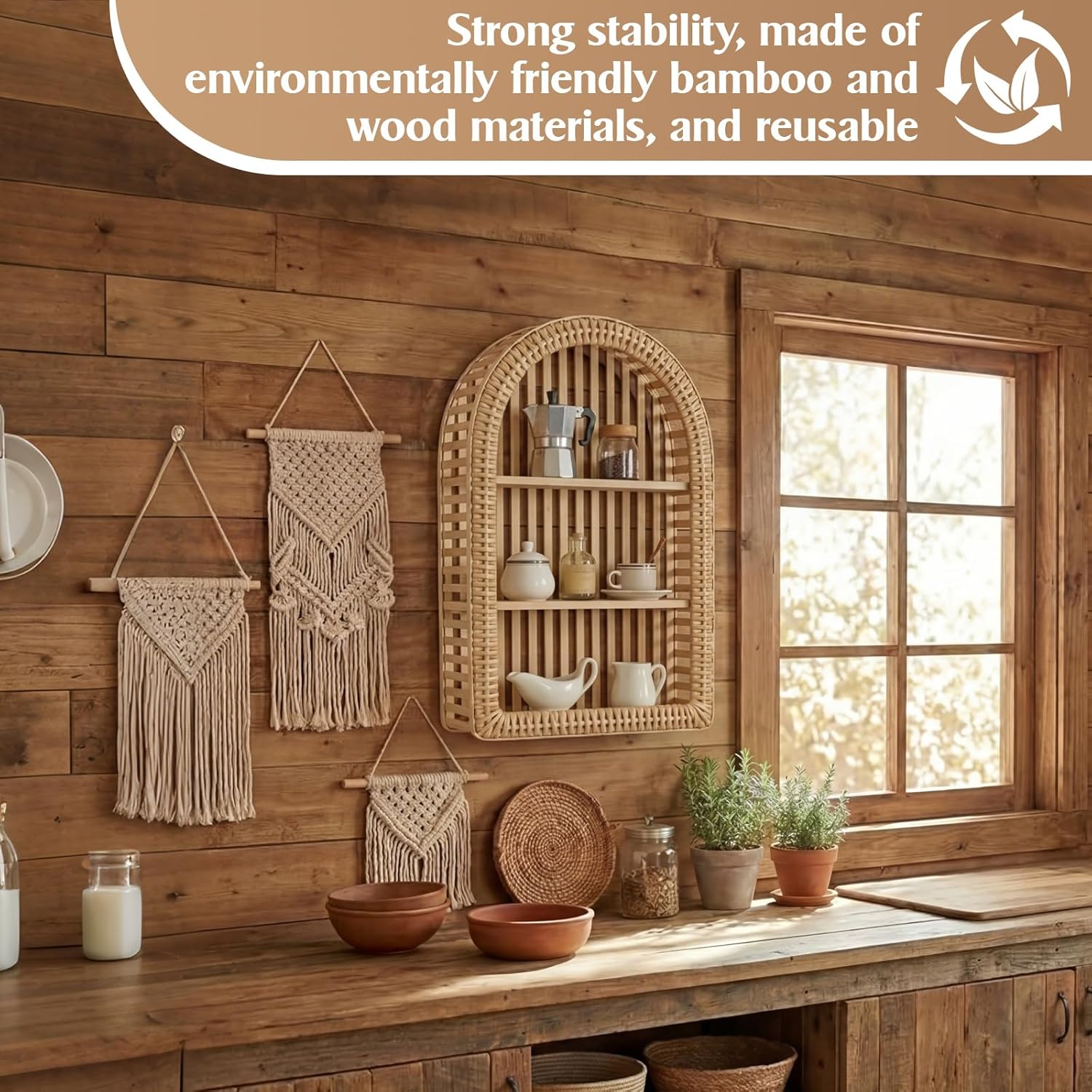 Pinkunn 20'' x 12'' 3 Tier Rattan Wall Shelf Boho Arch Hanging Shelves Arched Wall Mounted Wicker Shelf Decorative Farmhouse Handcraft Floating Storage Display Rack for Bathroom Living Room Decor