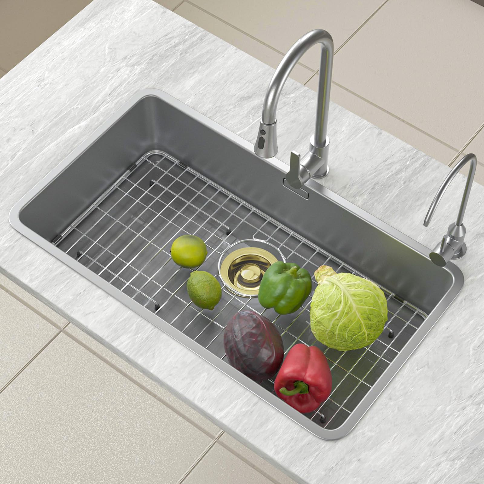 Griglia per lavello in acciaio inox e protezioni per fondo del lavello della cucina, 66 x 35,6 cm, con scarico posteriore per lavello singolo, protezioni per lavello da cucina in acciaio inox