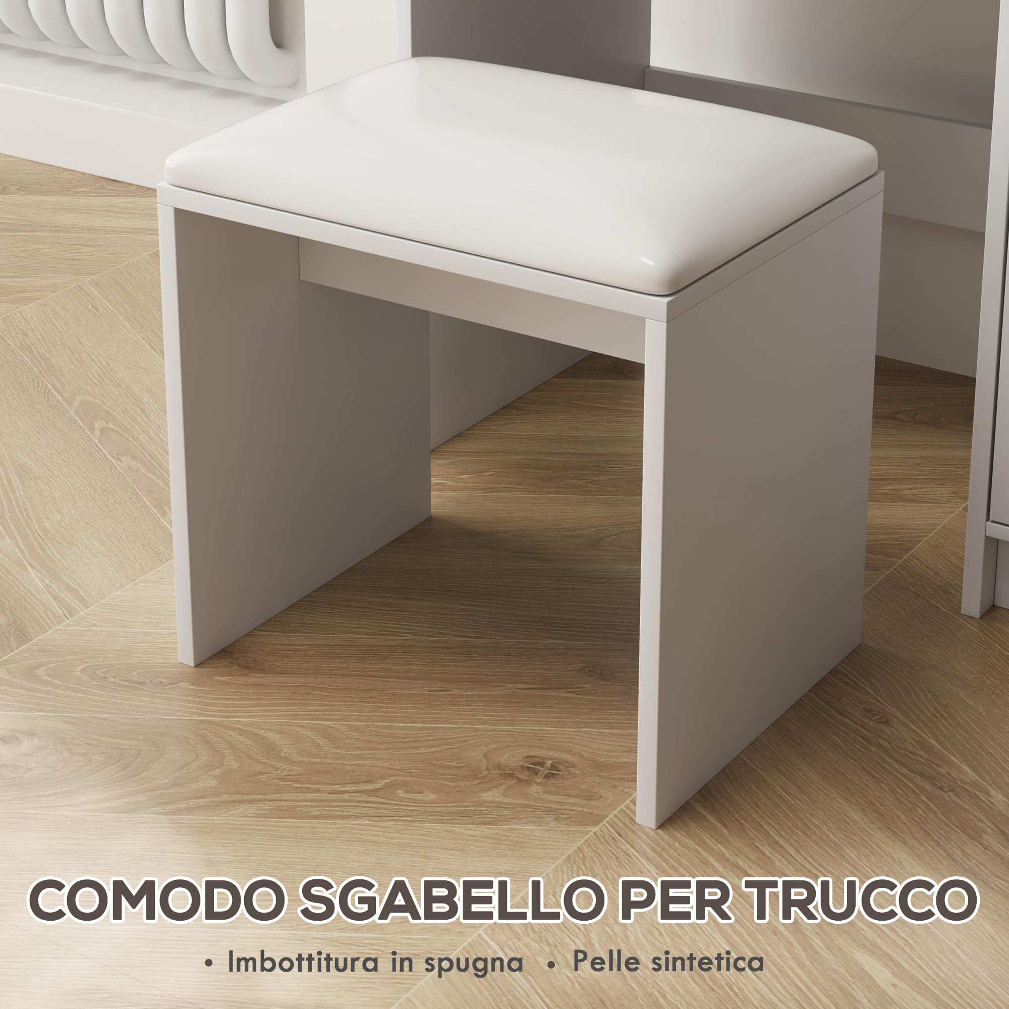 HOMCOM Toeletta Trucco con Specchio e Sgabello, Postazione Trucco con Cassetto, Armadietto e Ripiani in Legno, Bianco