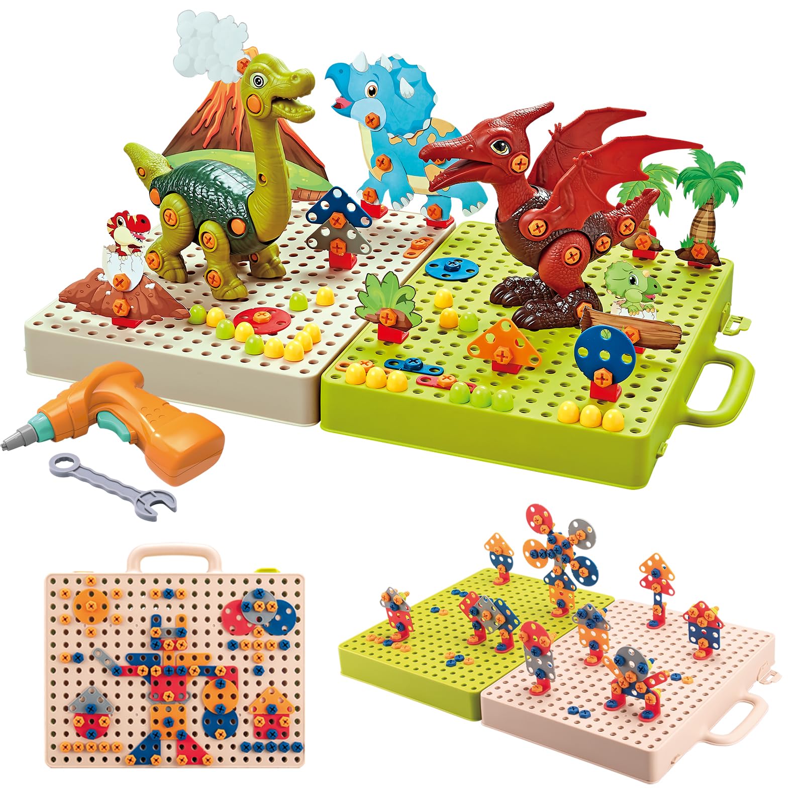 Set De Construcción De Dinosaurios 3D Con Taladro Y Herramientas – 221 Piezas De Plástico ABS, Incluye 2 Dinosaurios, Taladro (sin Pilas), Llave Y Destornilladores. Juguete Educativo STEM Para Niños De 3 A 7 Años.